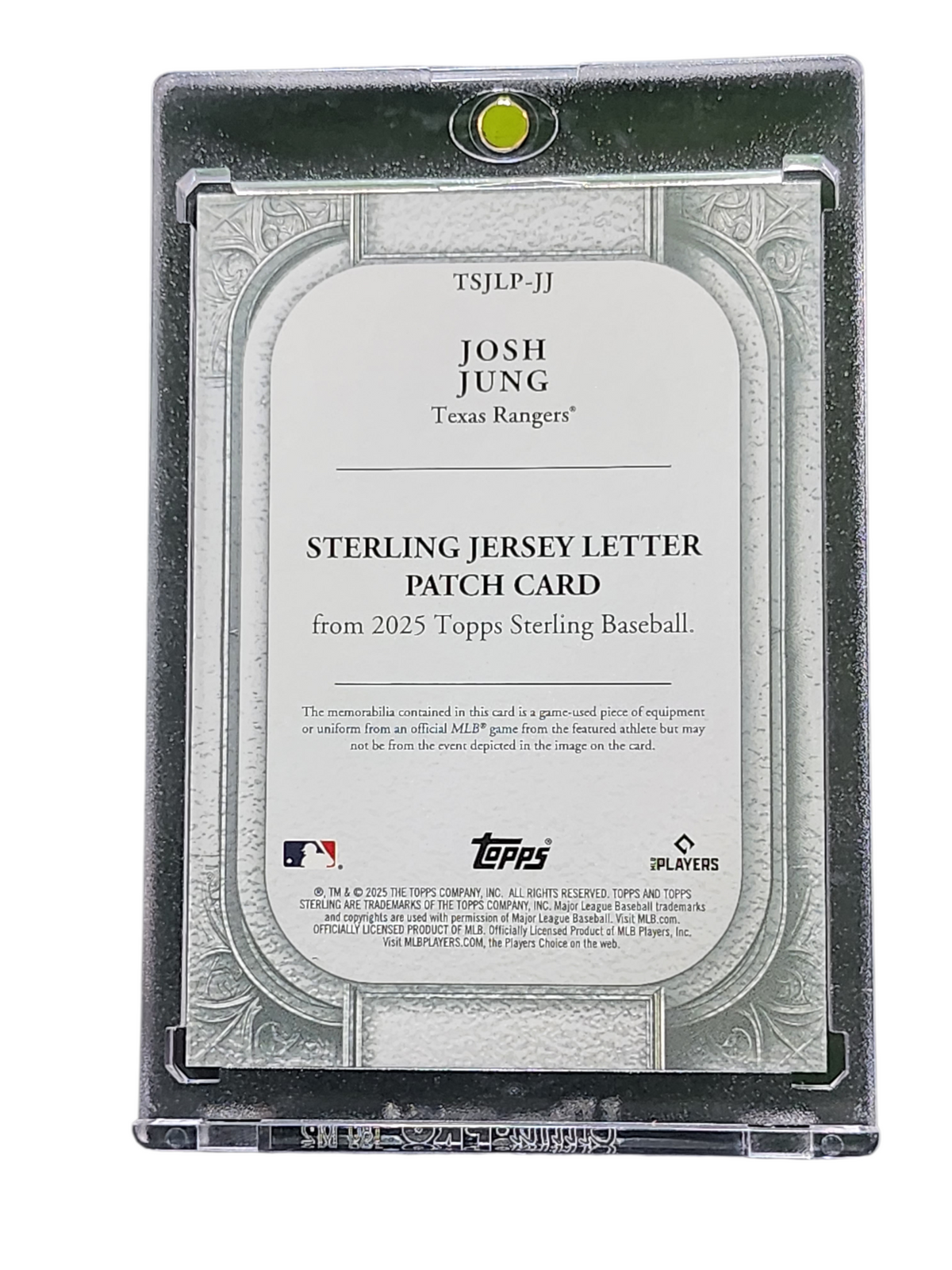 2025 Topps Sterling Josh Jung #TSJLP-JJ Game-Used Jersey Letter Patch Card