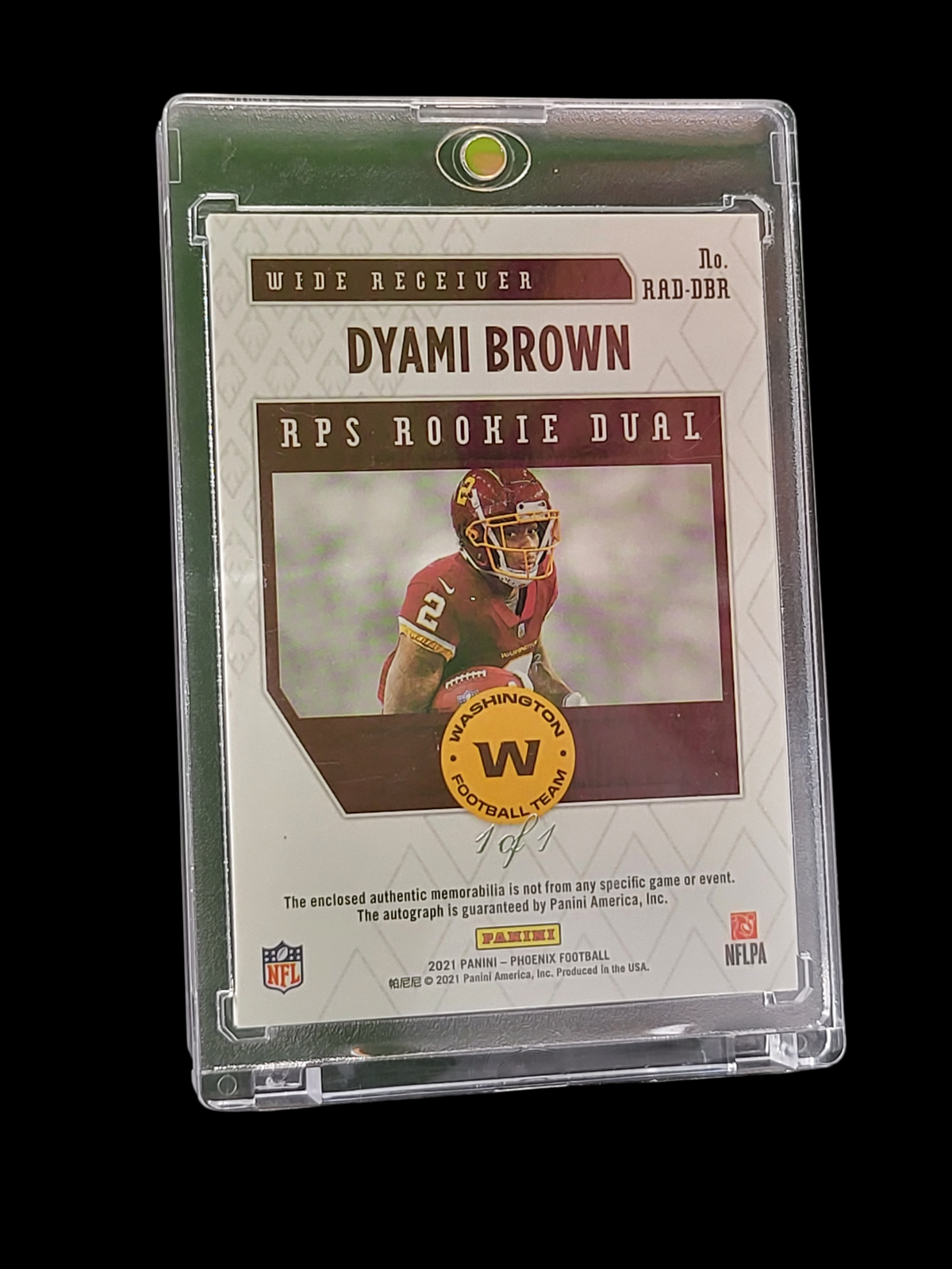 2021 Panini Phoenix Football Dyami Brown #RAD-DBR Dual Patch RC RPS Rookie Dual