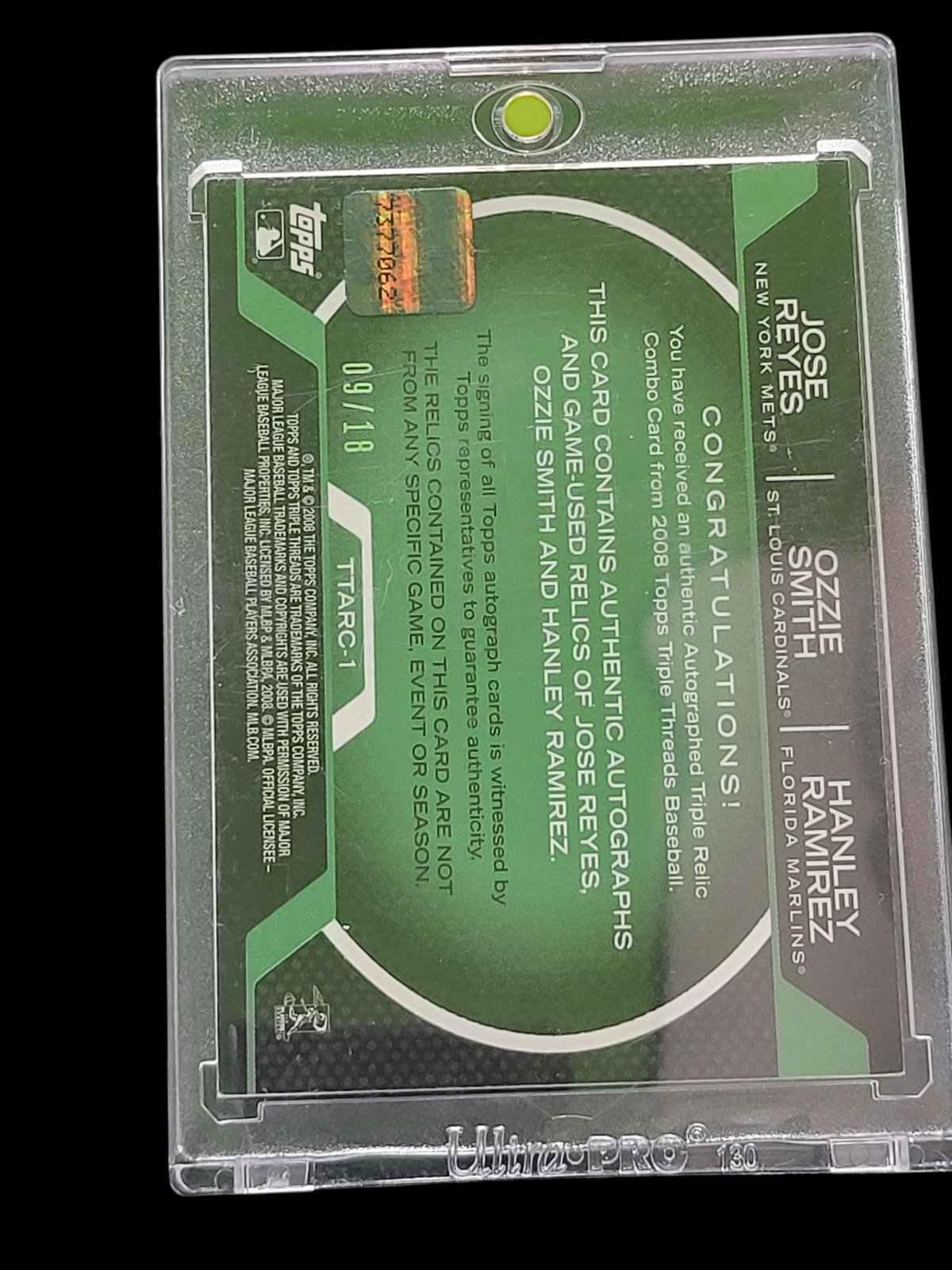 2008 Topps Ozzie Smith Hanley Ramirez Jose Reyes Green  Auto Triple Relic /18