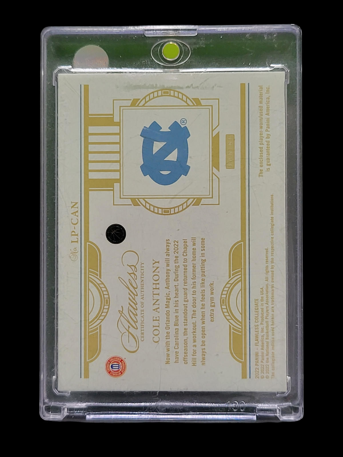 2022 Panini Flawless Collegiate Cole Anthony #LP-CAN  Laundry Tag Patch 1/1