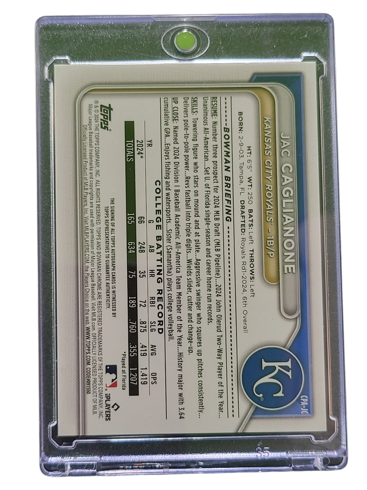 2024 Bowman Chrome Jac Caglianone #CPA-JC Green Refractor 76/99 1st Bowman