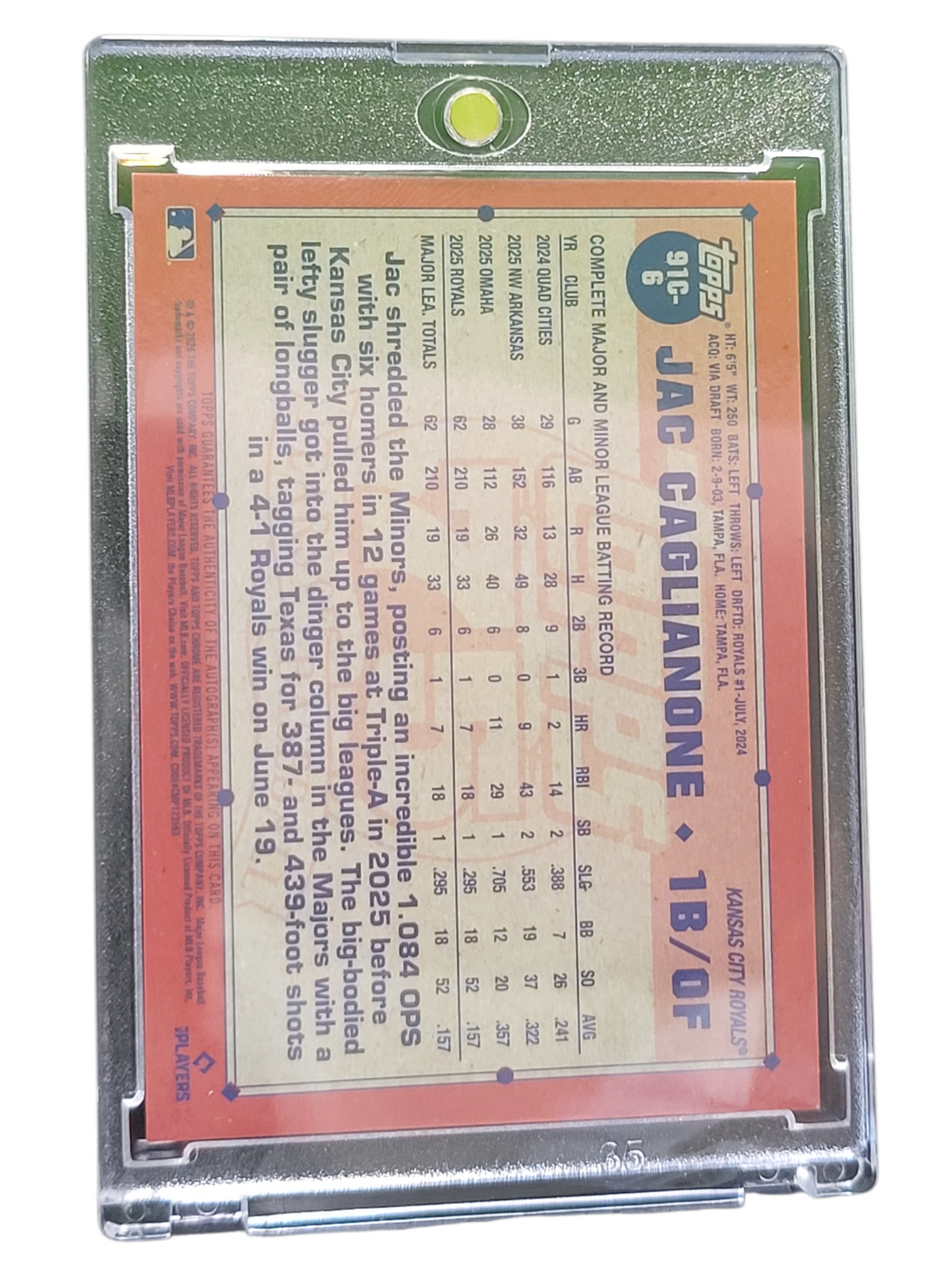 2025 Topps Chrome 75th Anniversary Jac Caglianone #91C-6 Refractor 055/299 RC