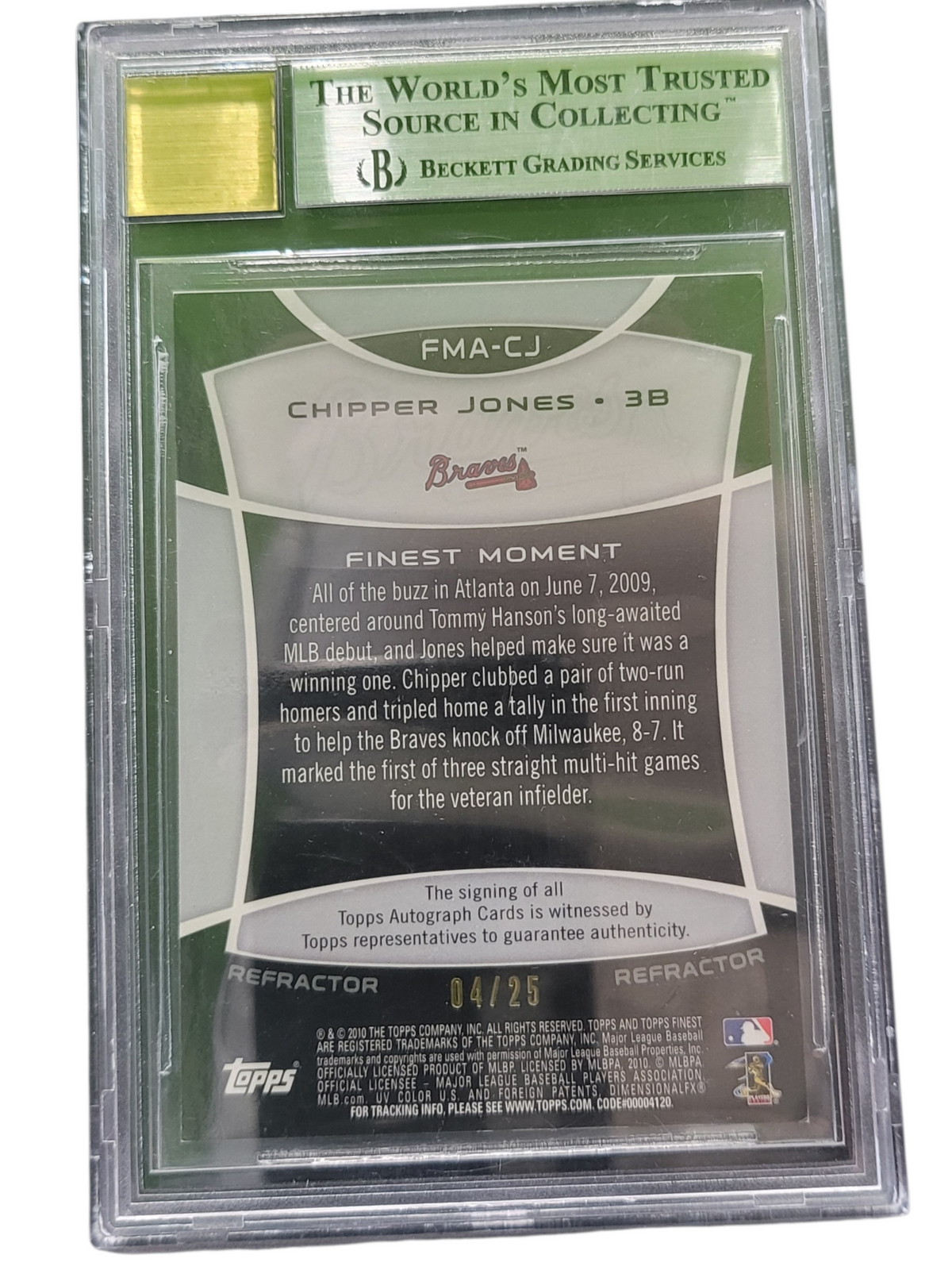 2010 Finest Finest Moments Auto Refractors Red Chipper Jones #CJ BGS  Auto 10