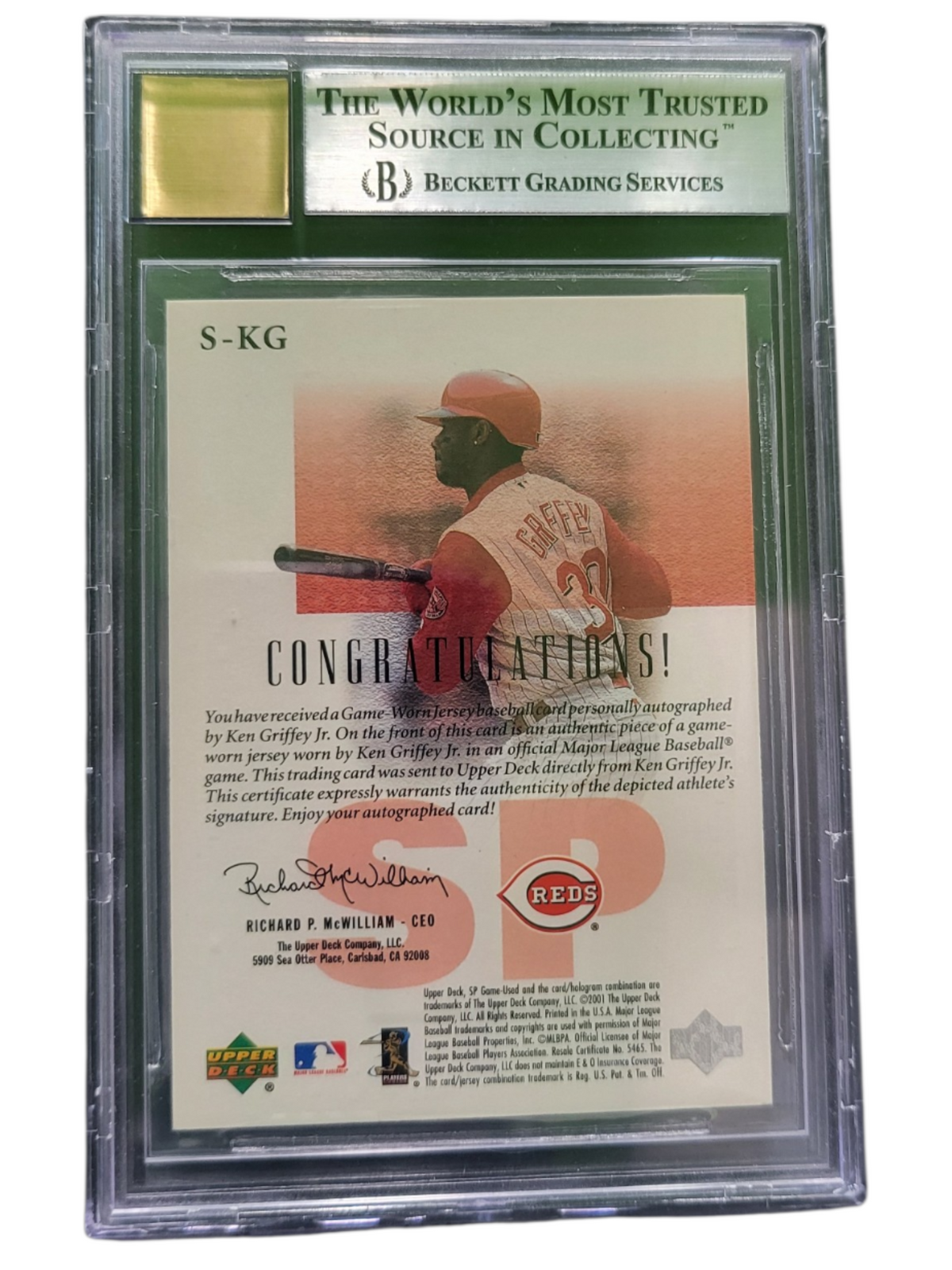 2001 SP Game Used Edition Authentic Fabric Autographs Ken Griffey Jr. #SKG BGS 9 Auto 10