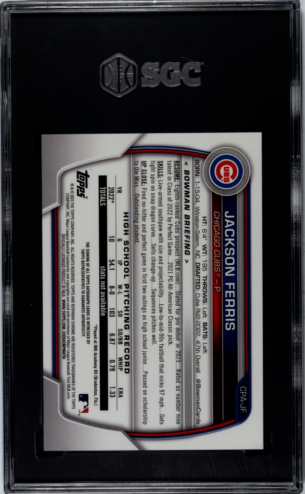 2023 Bowman Chrome Blue Refractor Jackson Ferris #CPA-JF Auto/150 SGC 10 Auto 10