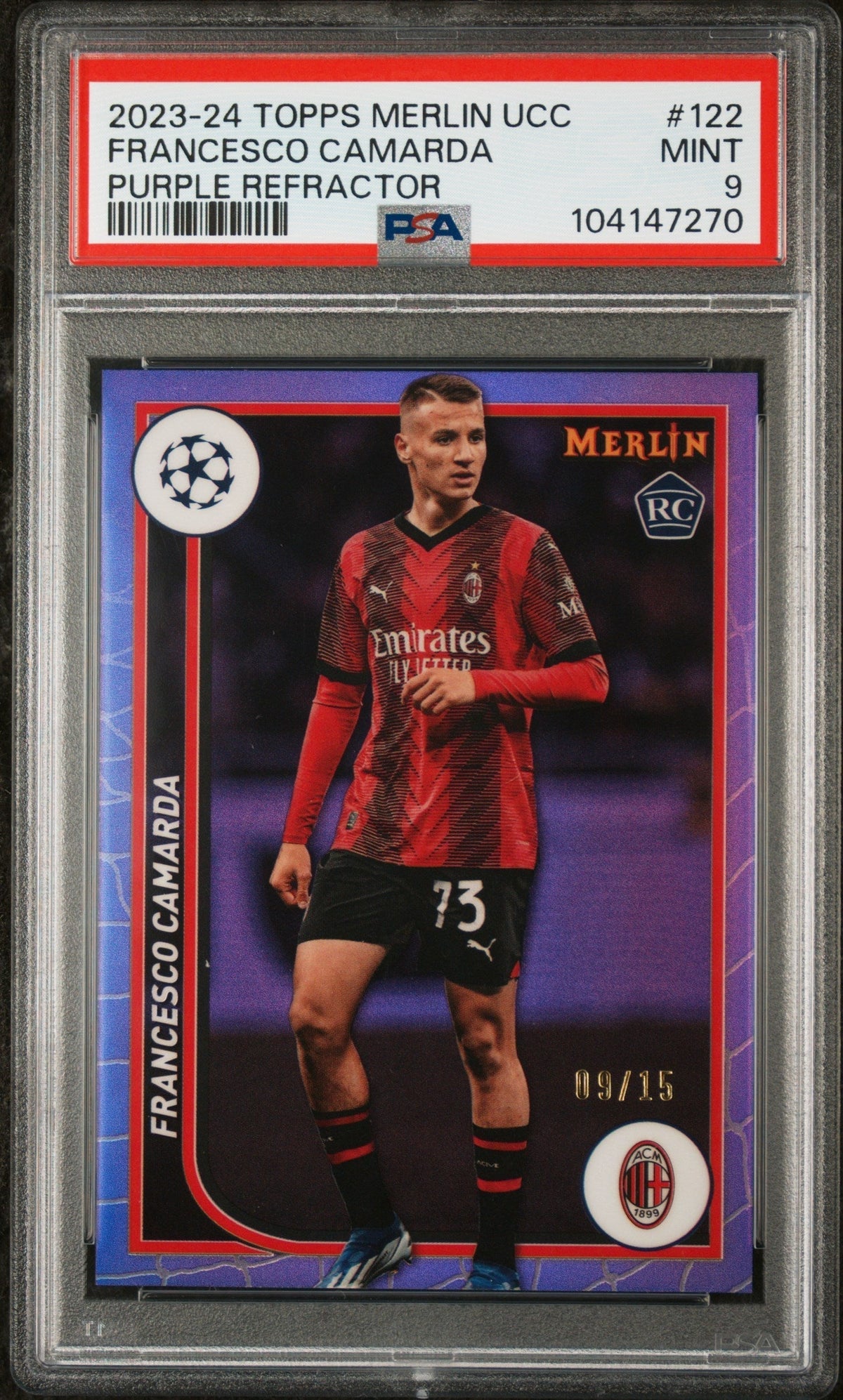 2023 Topps Merlin UEFA Club Competitions #122 Francesco Camarda Purple Refractor PSA 9