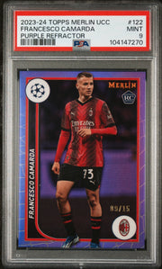 2023 Topps Merlin UEFA Club Competitions #122 Francesco Camarda Purple Refractor PSA 9