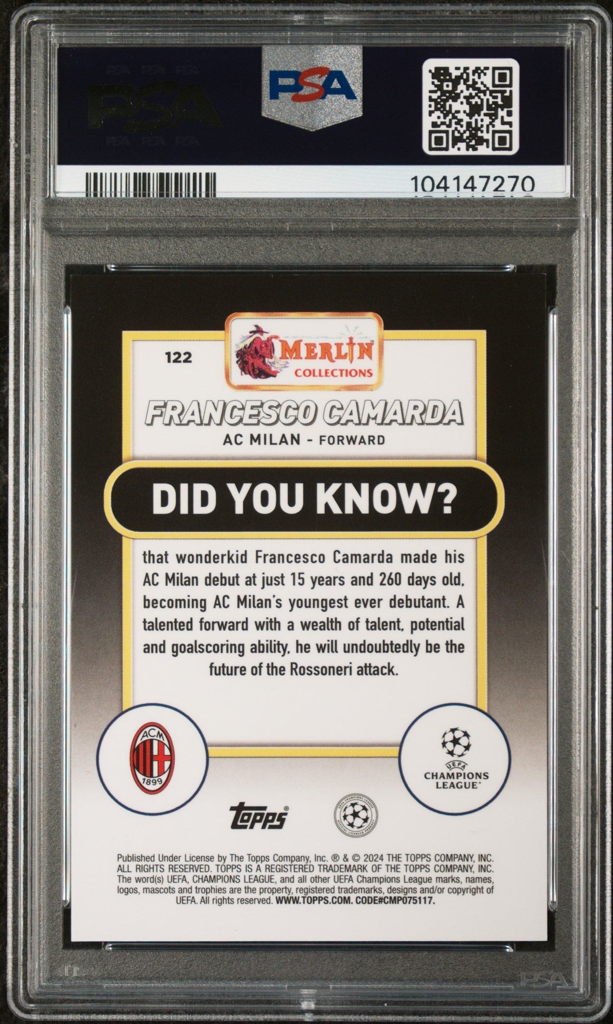 2023 Topps Merlin UEFA Club Competitions #122 Francesco Camarda Purple Refractor PSA 9
