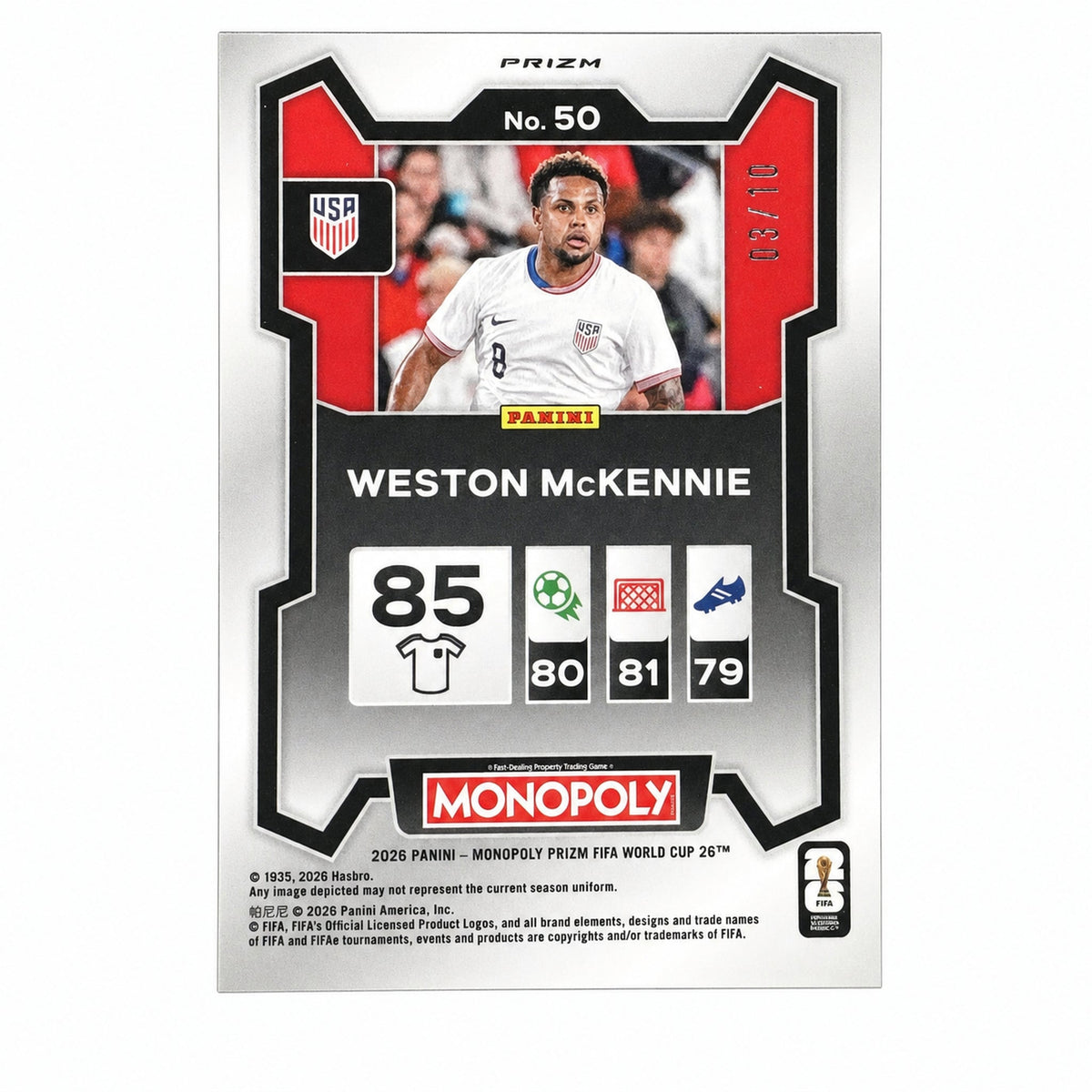 2026 Prizm Monopoly World Cup Weston McKennie #50 Blue Big Money Shimmer /10