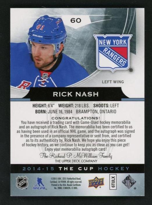 2014 Upper Deck The Cup 60 Rick Nash /10 New York Rangers Auto
