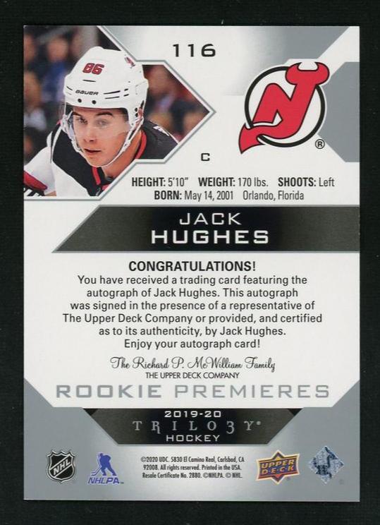 2019 Upper Deck Trilogy 116 Jack Hughes Rookie Premieres Rookie /999 New Jersey Devils Auto