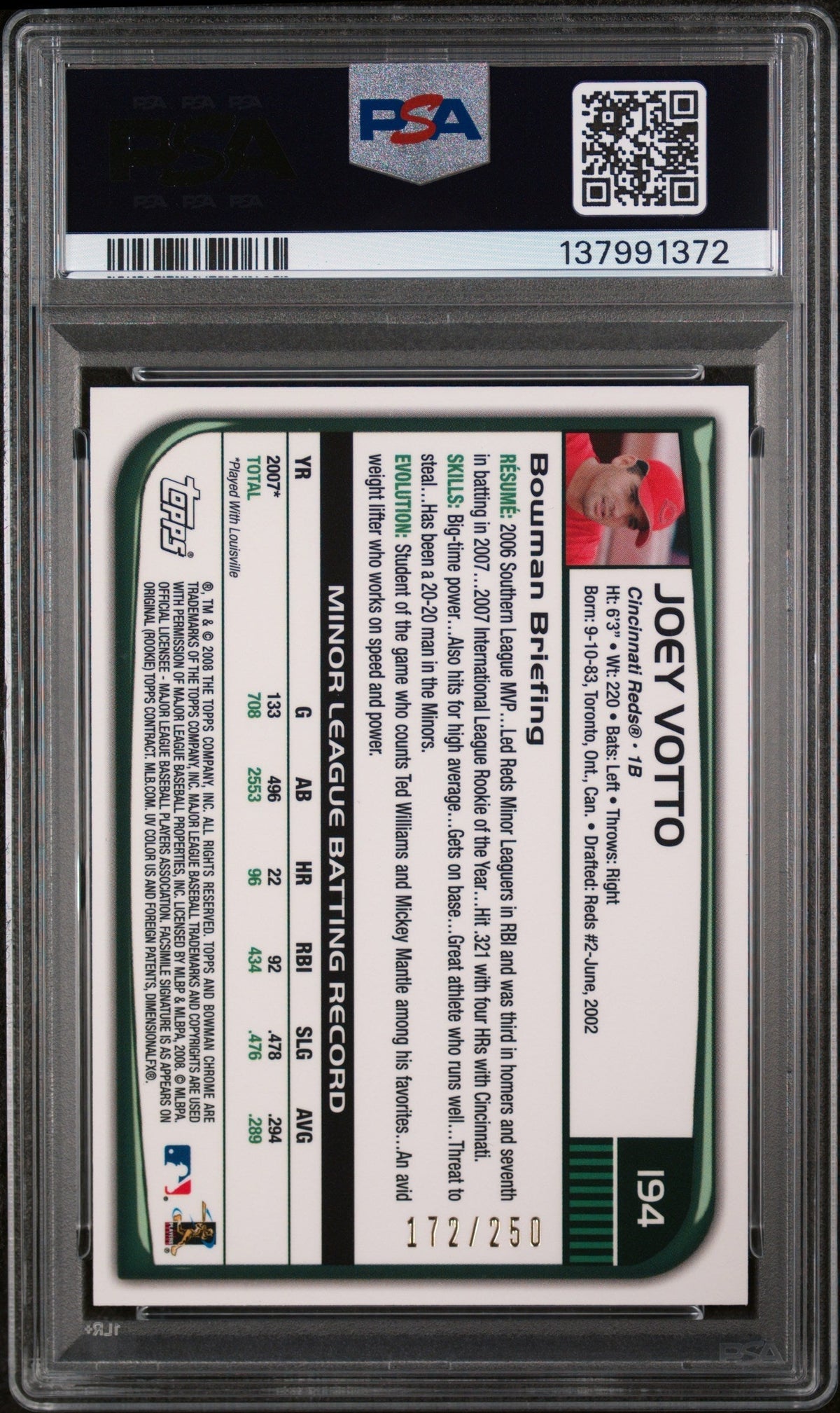 2008 Bowman Chrome Xfractor Joey Votto #194 /250 PSA 10