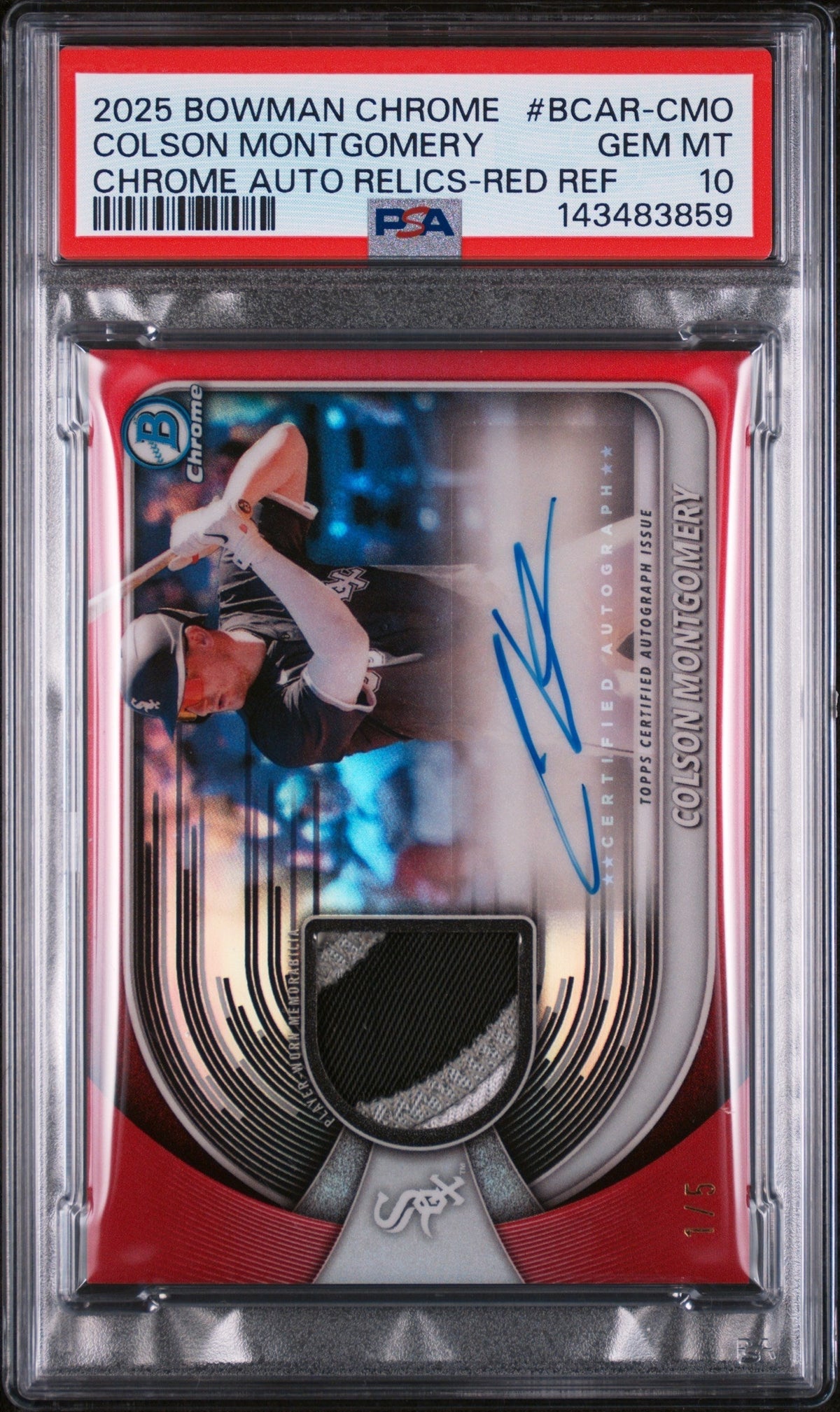 2025 Bowman Chrome Chrome Autograph Relics Chrome Auto Relics-Red Ref Colson Montgomery #BCAR-CMO /5 PSA 10