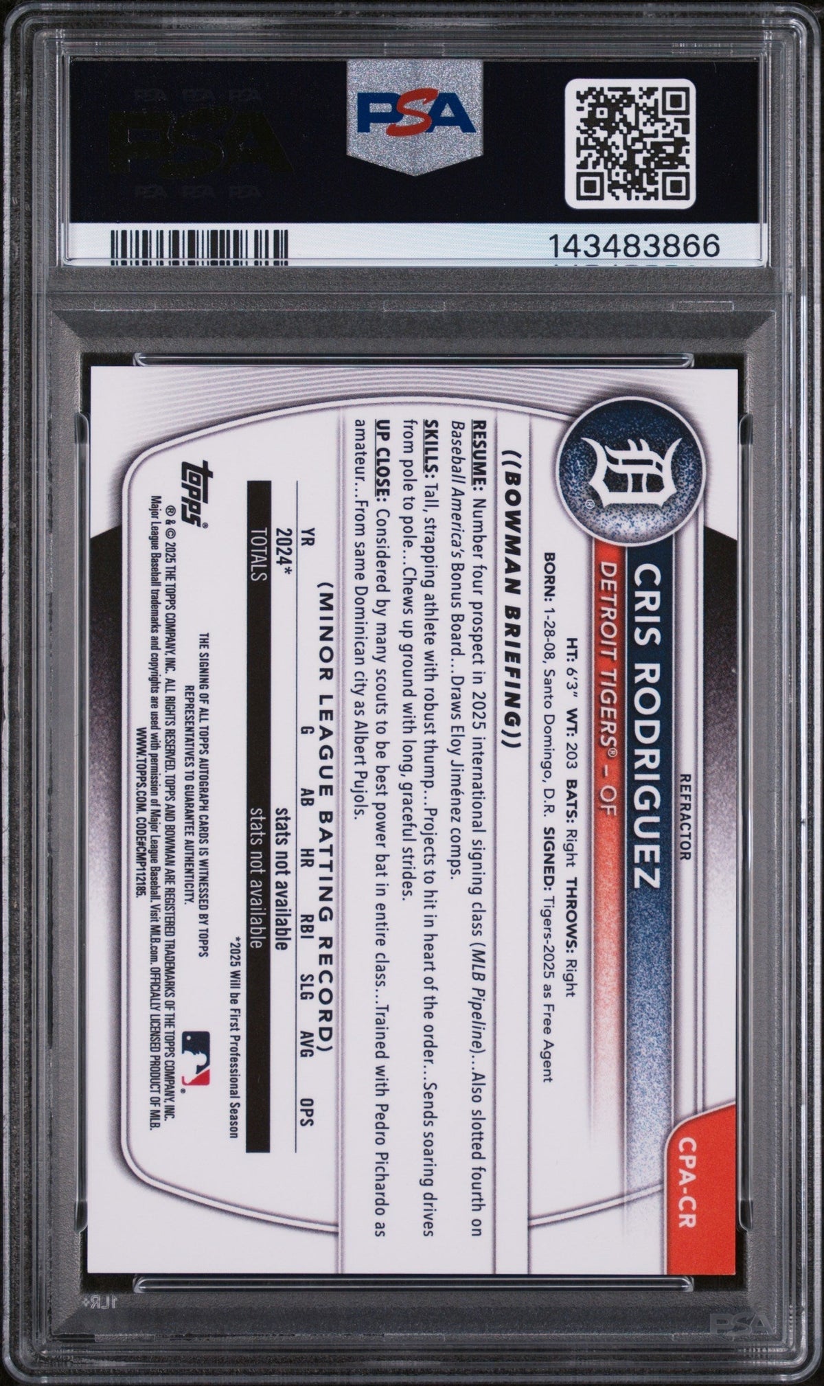 2025 Bowman Chrome Prospect Autographs Refractor Cris Rodriguez #CPA-CR /499 PSA 9