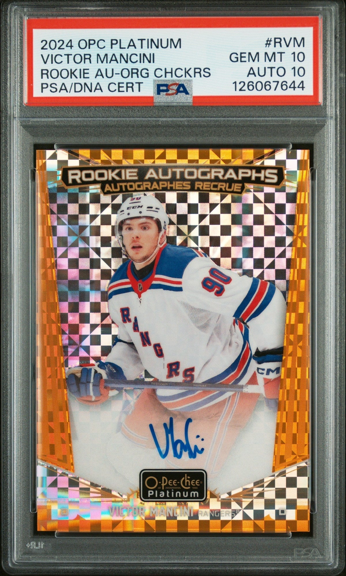 2024 Upper Deck O-Pee-Chee Platinum Rookie Autographs Orange Checkers Victor Mancini #RVM /15 PSA 10