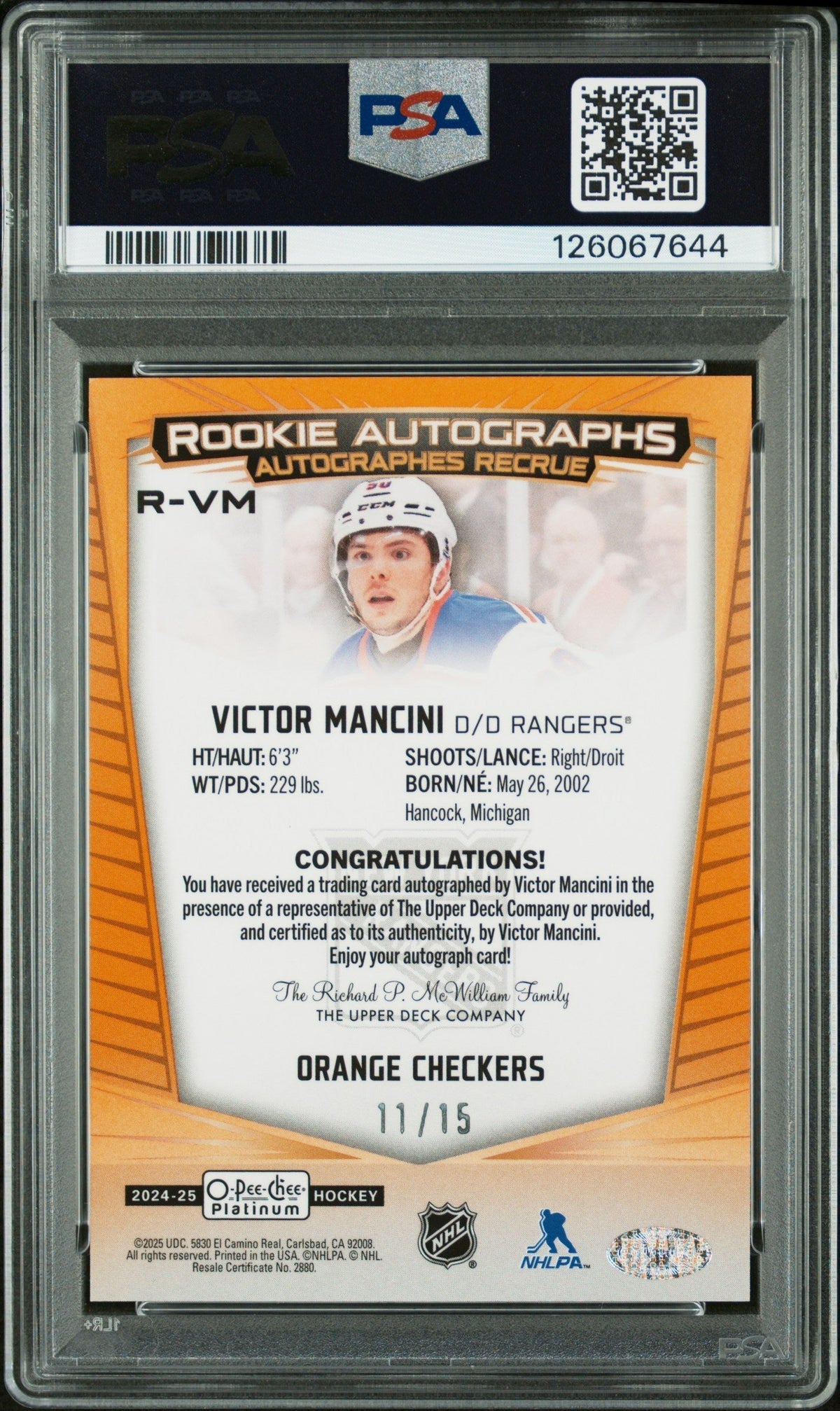 2024 Upper Deck O-Pee-Chee Platinum Rookie Autographs Orange Checkers Victor Mancini #RVM /15 PSA 10