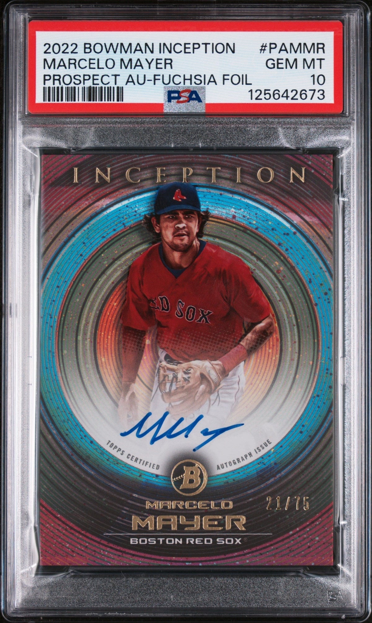 2022 Bowman Inception Prospect Autographs Fuchsia Foil Marcelo Mayer #PAMMR /75 PSA 10