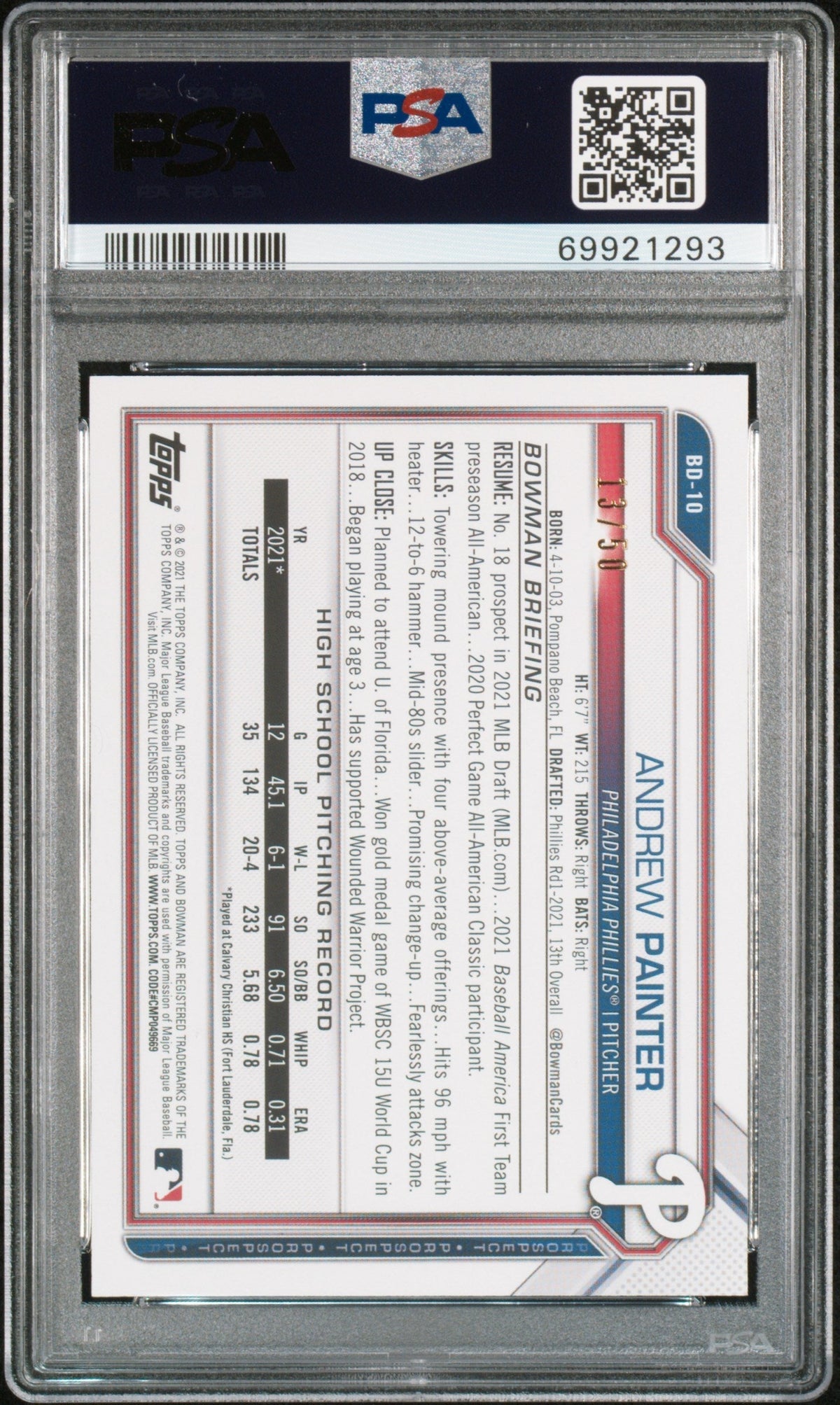 2021 Bowman Draft Gold Andrew Painter #BD10 /50 PSA 10