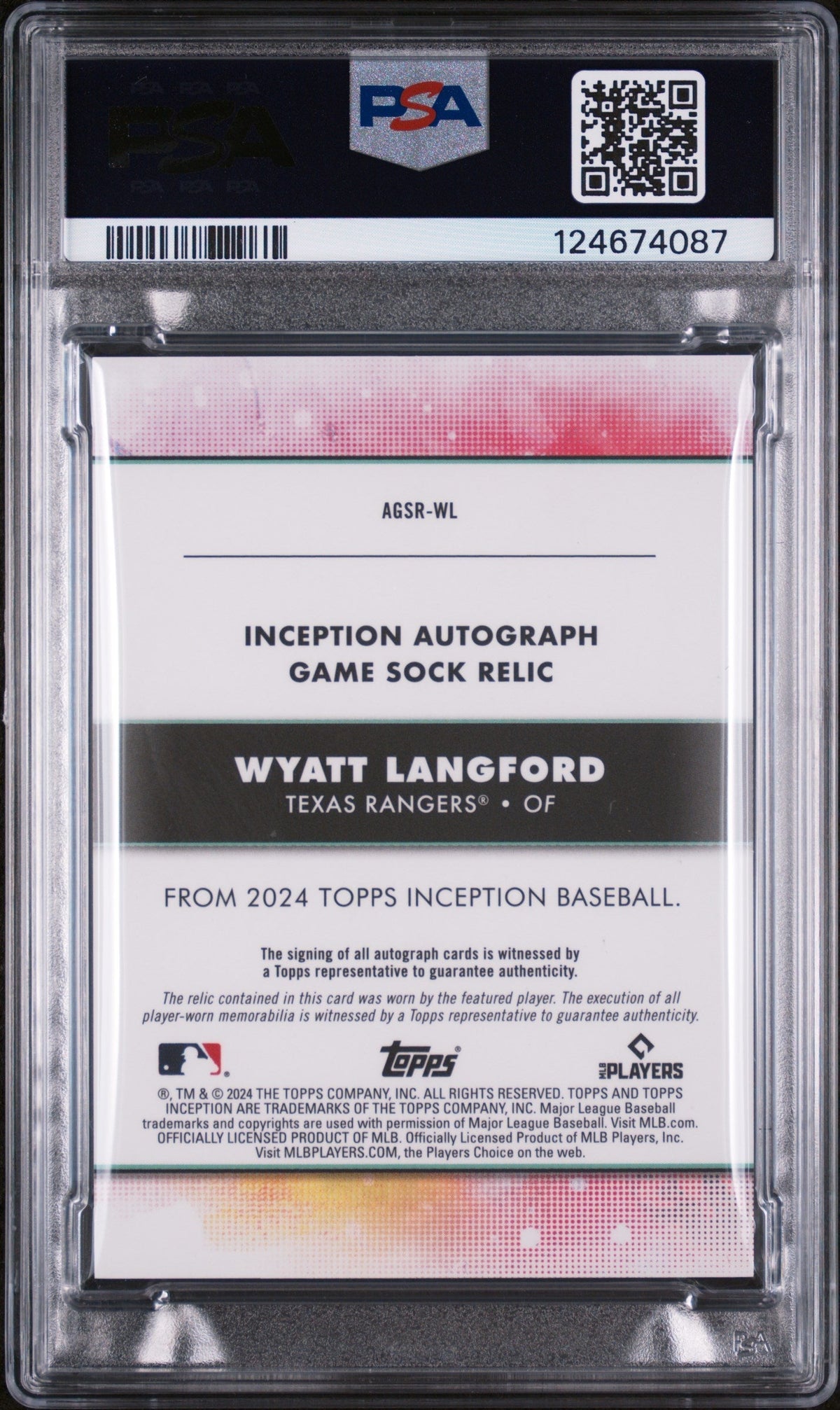 2024 Topps Inception Autographed Game Sock Relic Wyatt Langford #AGSRWL PSA 10