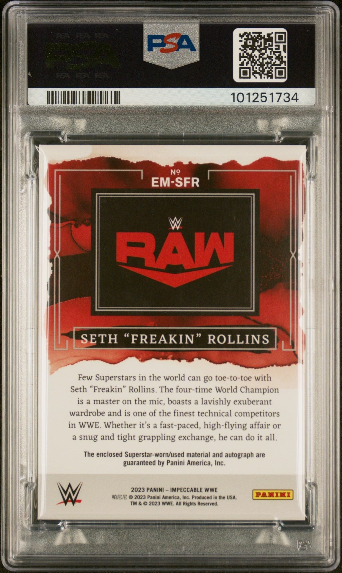 2023 Panini Impeccable WWE Elegance Memorabilia Autograph Elegance Mem Auto-Silver Seth Rollins #EMSFR /49 PSA 10