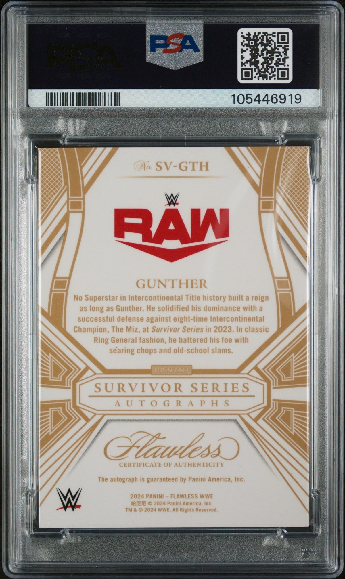 2024 Panini Flawless WWE Flawless Survivor Series Autographs Sapphire Gunther #SVGTH /20 PSA 8