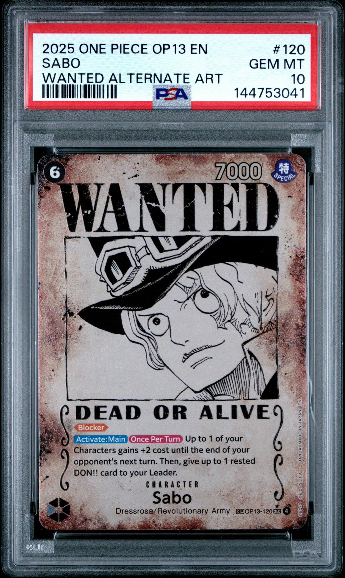 2025 One Piece Carrying On His Will Wanted Poster Alternate Art Sabo #OP13-120 /120 PSA 10