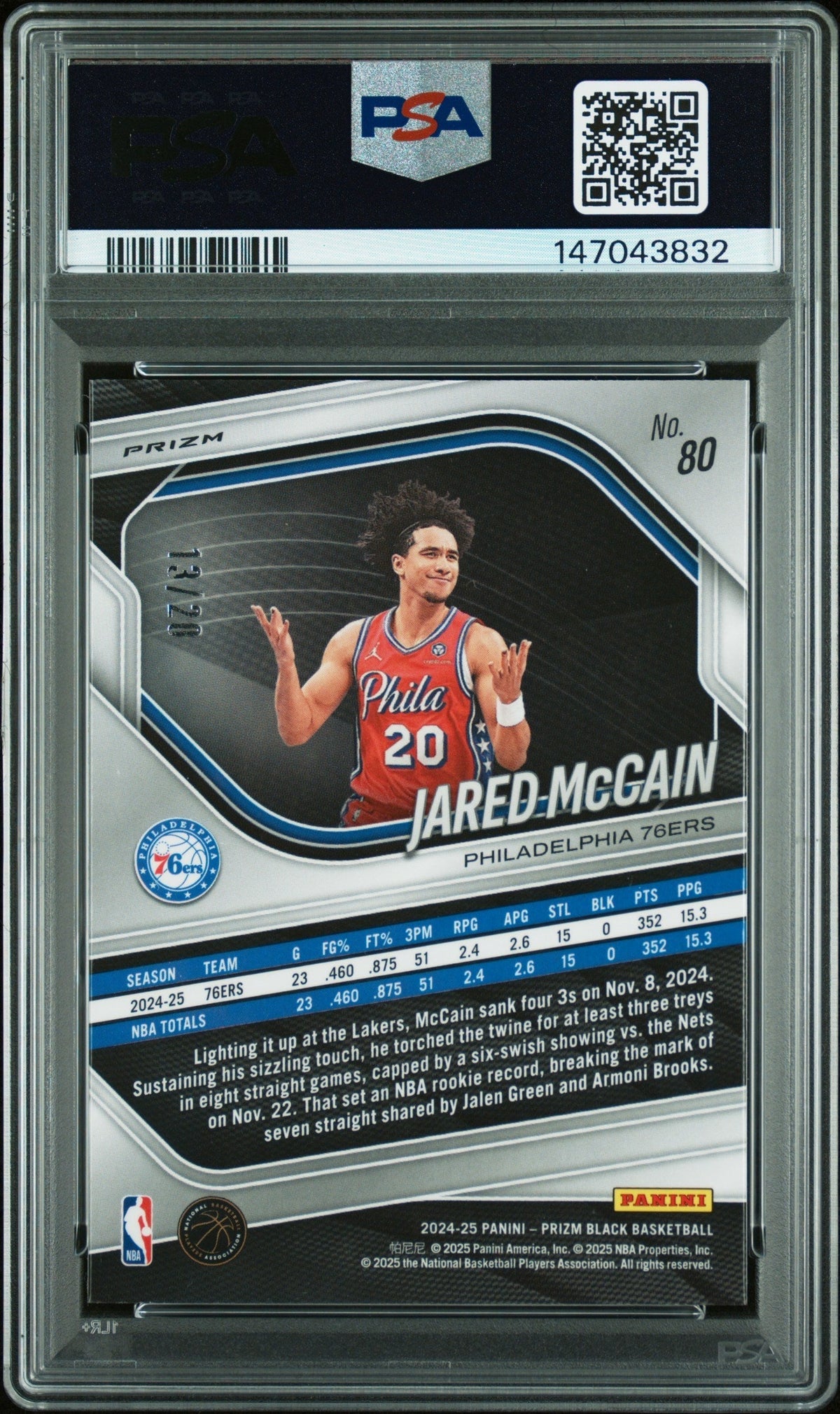 2024 Panini Prizm Black Cherry Blossom Jared Mccain #80 /20 PSA 10