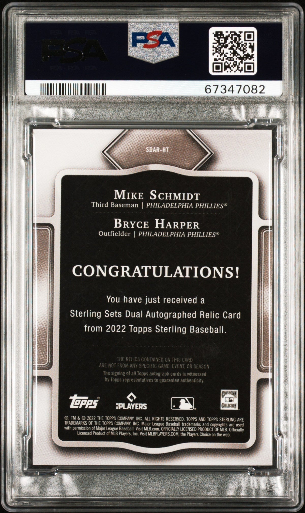 2022 Topps Sterling Sterling Sets Dual Autograph Relics Red Bryce Harper/Mike Schmidt #SDARHT /5 PSA 9