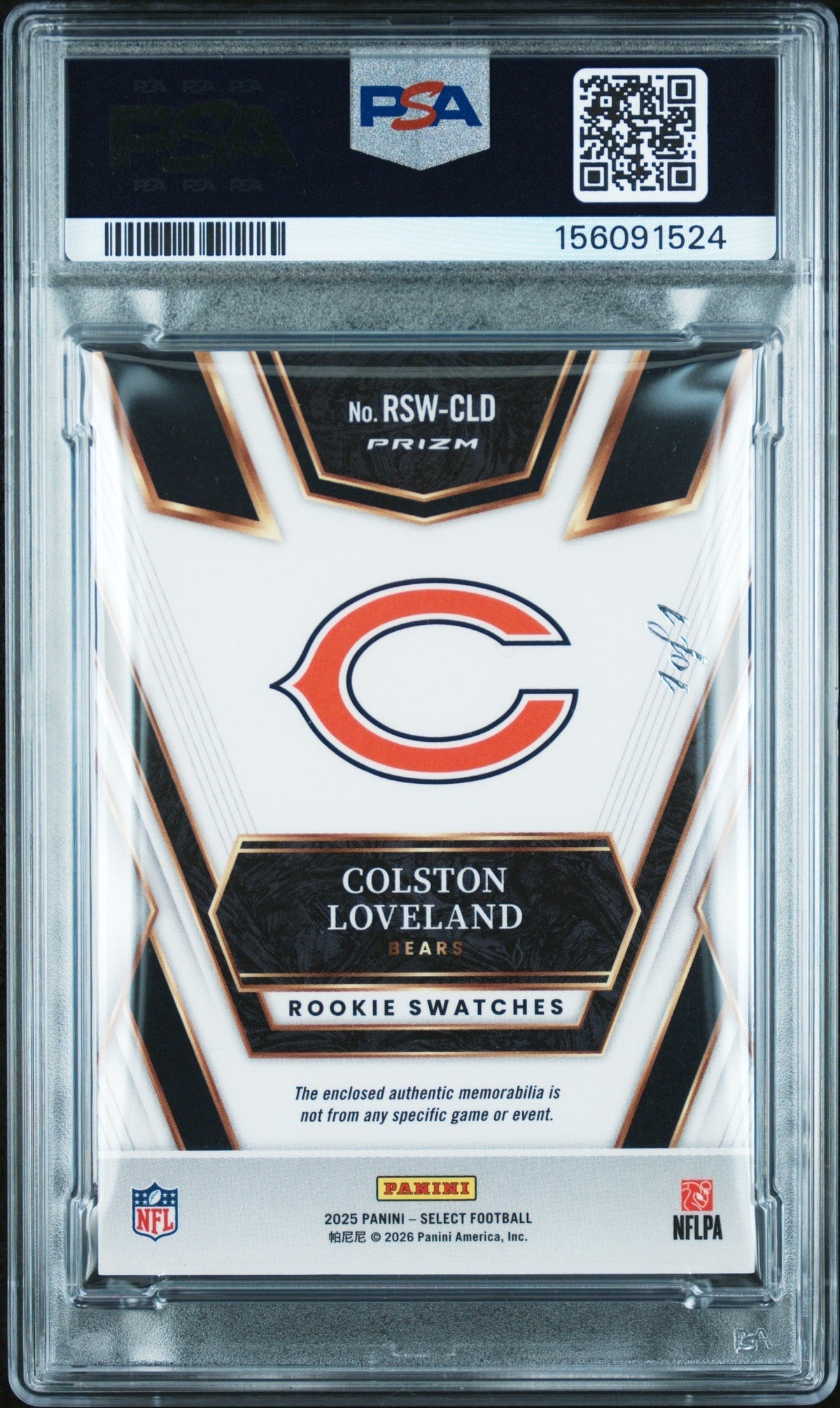 2025 Panini Select Rookie Swatches Rk Swatches-Black Prizm 1/1 Colston Loveland #RSW-CLD PSA 9