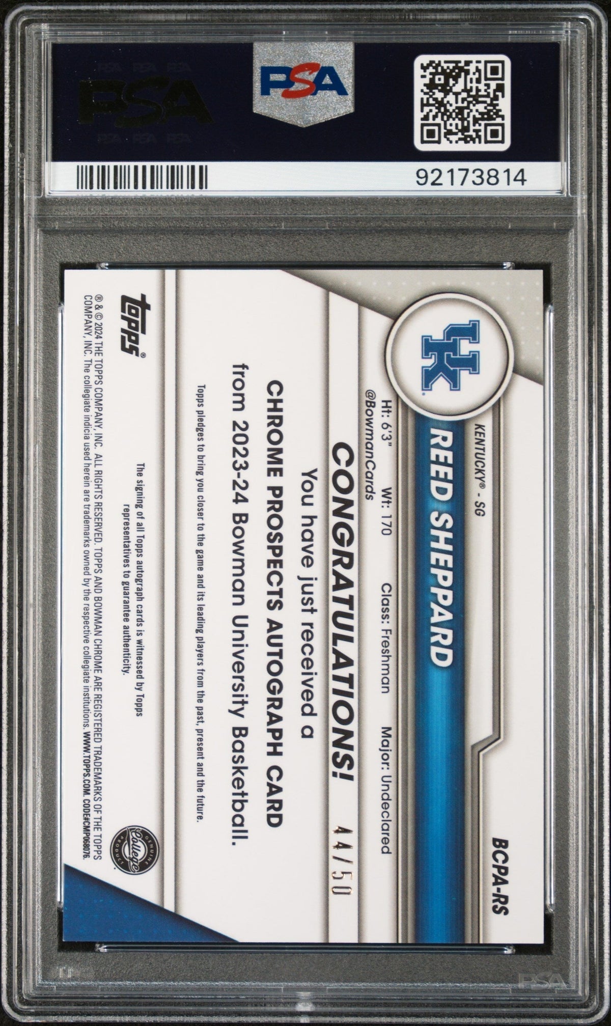 2023 Bowman University Chrome Bowman Chrome Prospects Autographs Prospects Autograph-Gold Reed Sheppard #RS /50 PSA 9