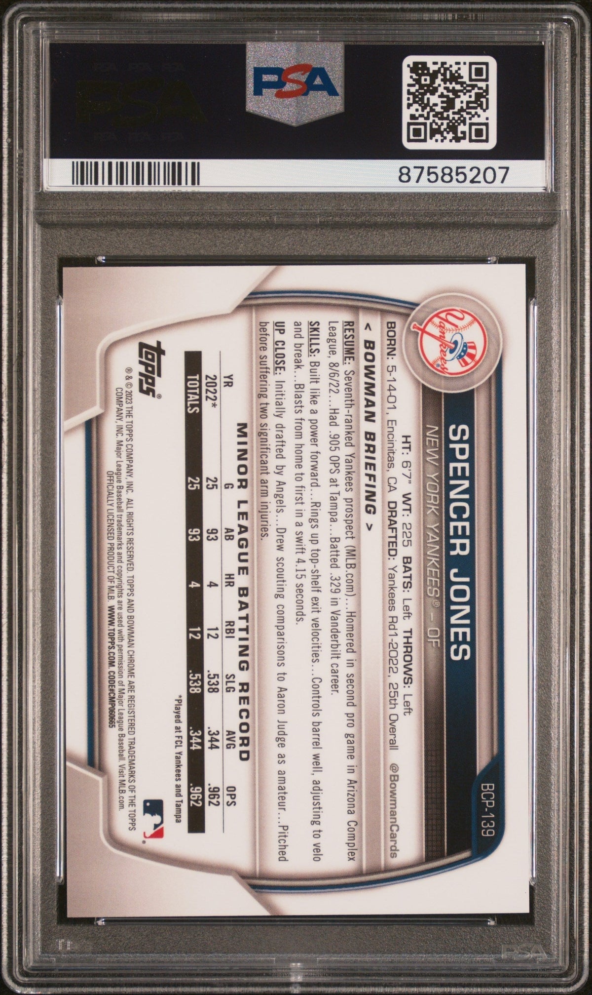 2023 Bowman Chrome Prospect Yellow Refractor Spencer Jones #BCP139 /75 PSA 10
