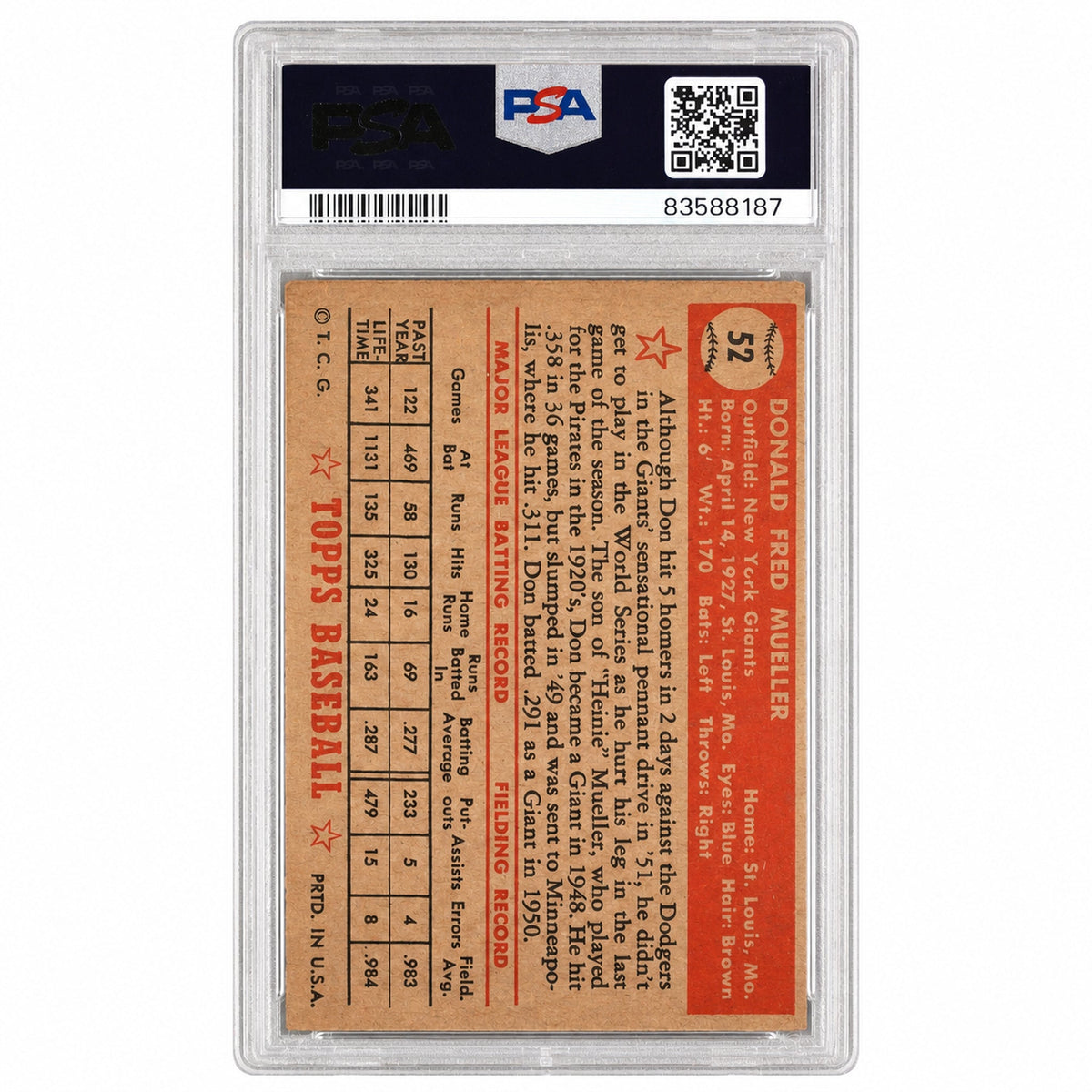 1952 Topps Don Mueller #52 PSA 4