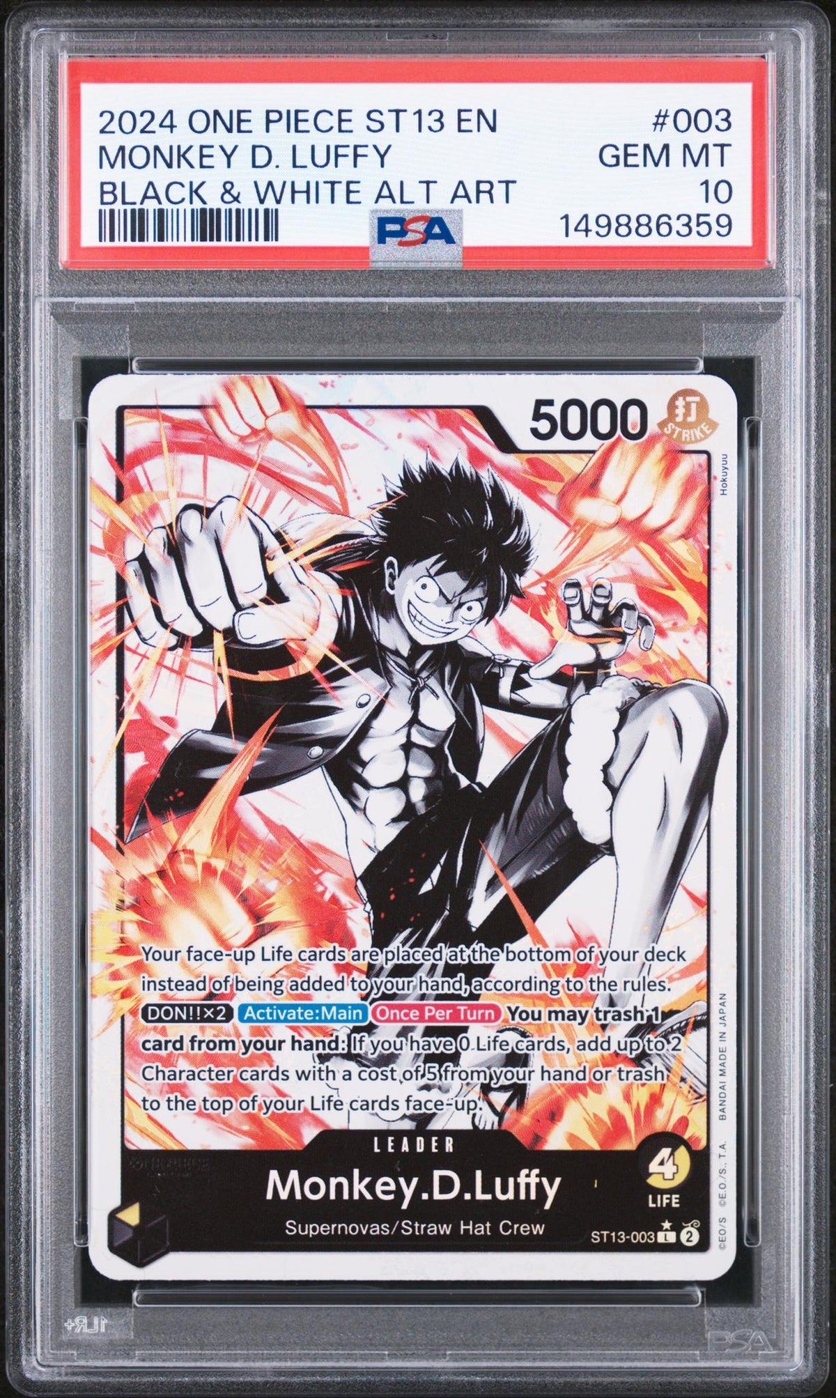 2024 One Piece Starter Deck 13 the Three Brothers Ultra Deck Black and White Alternate Art Monkey D. Luffy #ST13003 PSA 10