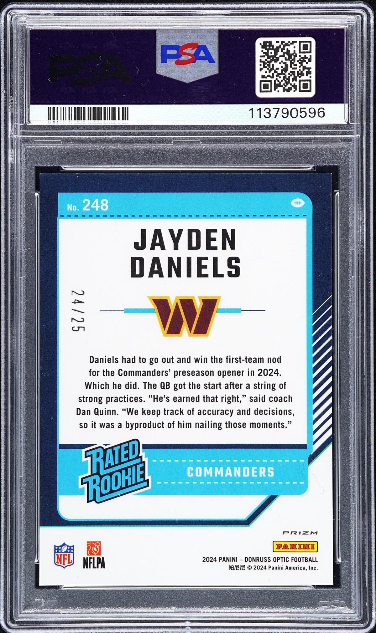 2024 Donruss Optic Rated Rookie Black Pandora Jayden Daniels #248 /25 PSA 9