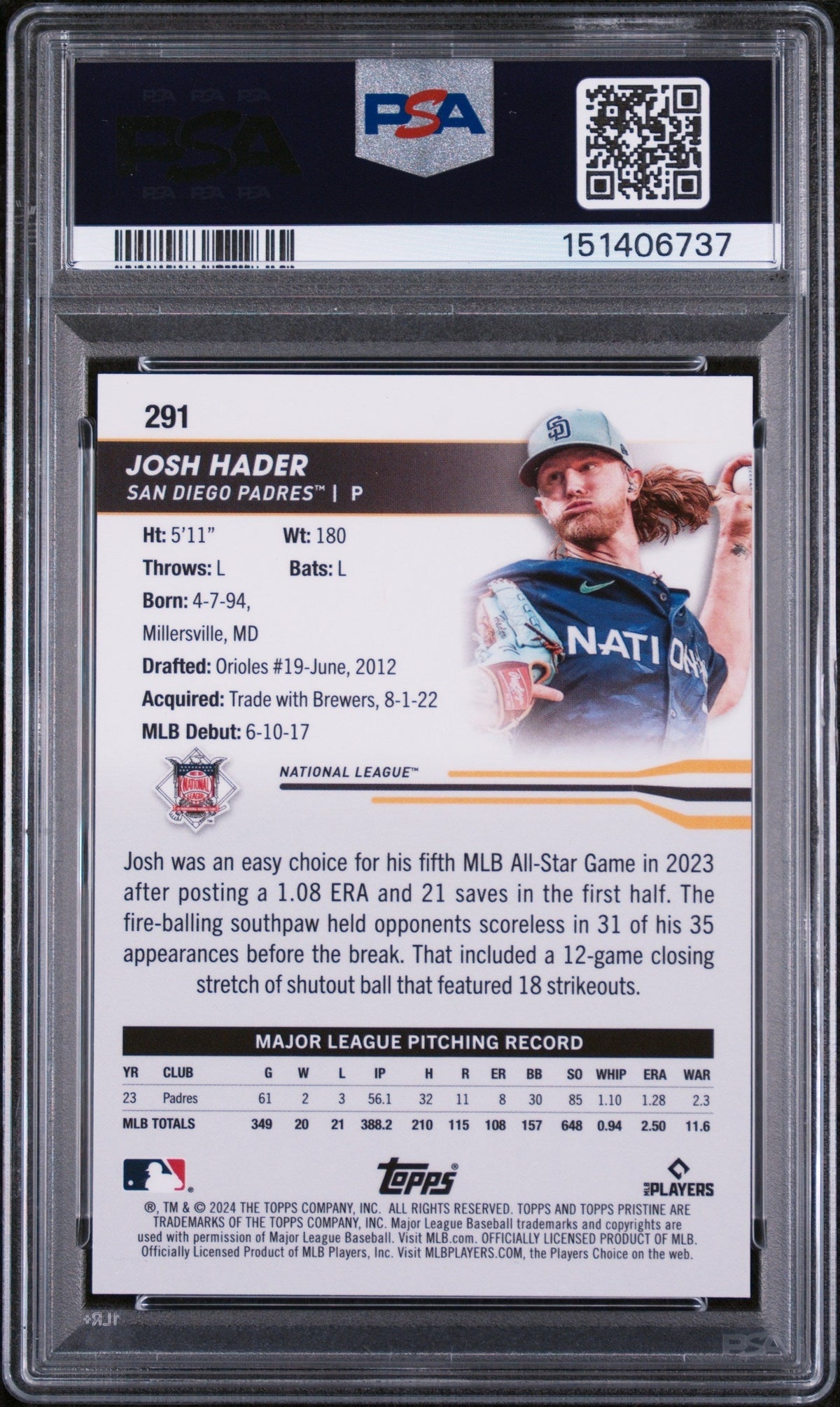2024 Topps Pristine Superfractor 1/1 Josh Hader #291 PSA 7