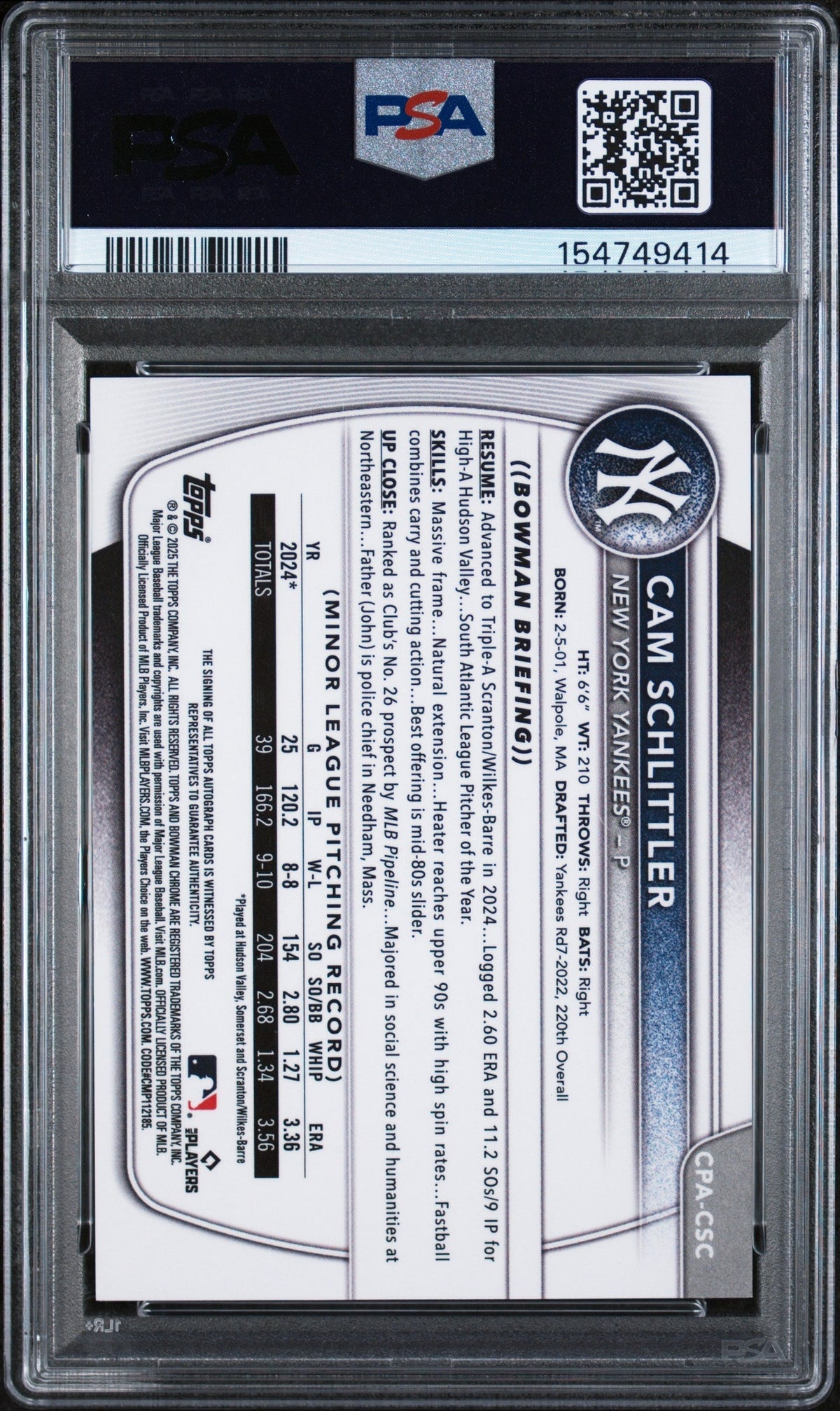 2025 Bowman Chrome Prospect Autographs Green Reptilian Cam Schlittler #CPACSC /99 PSA 9