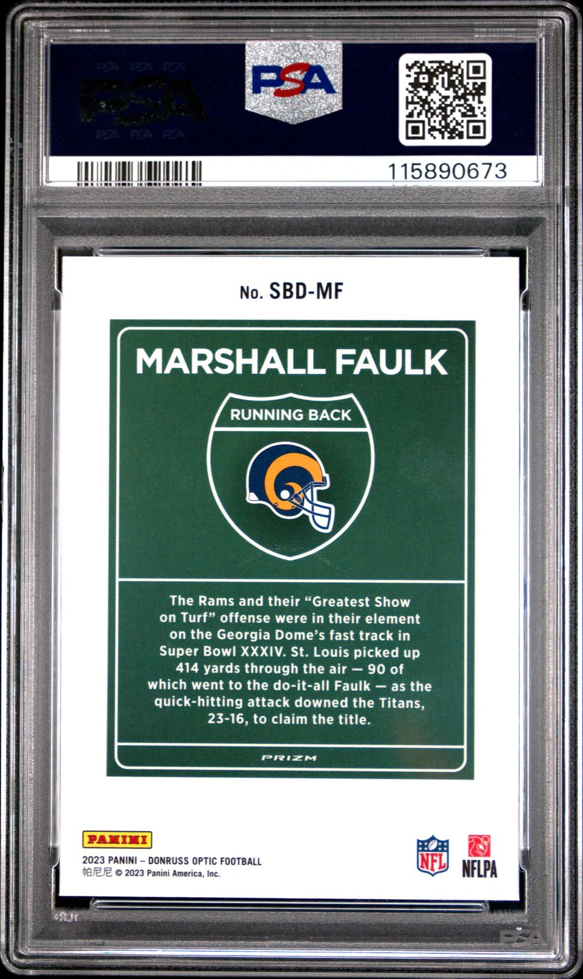 2023 Donruss Optic Super Bowl Downtown Marshall Faulk #SBDMF PSA 10