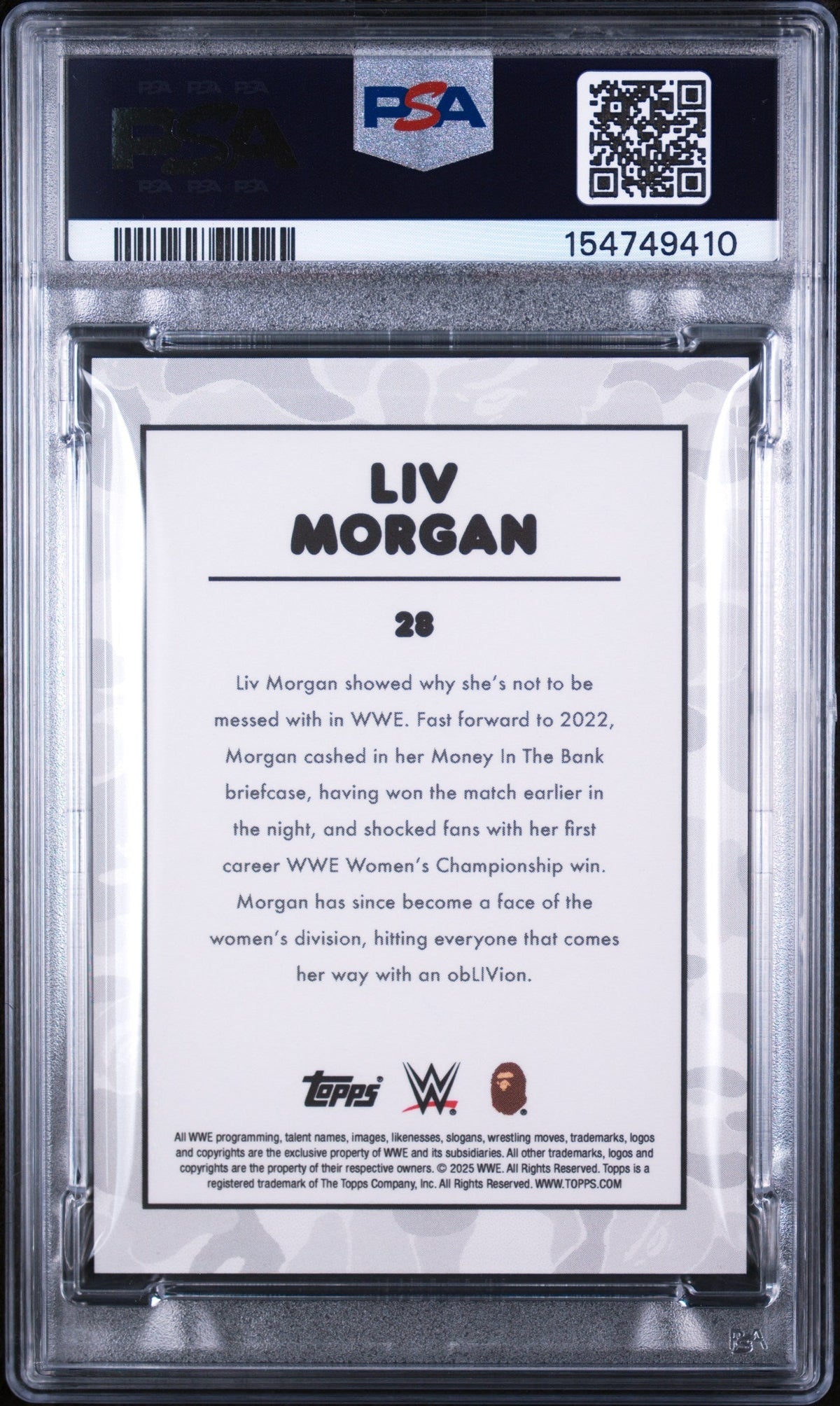 2025 Topps WWE X Bape Black & White Camo Foil Liv Morgan #28 /50 PSA 10