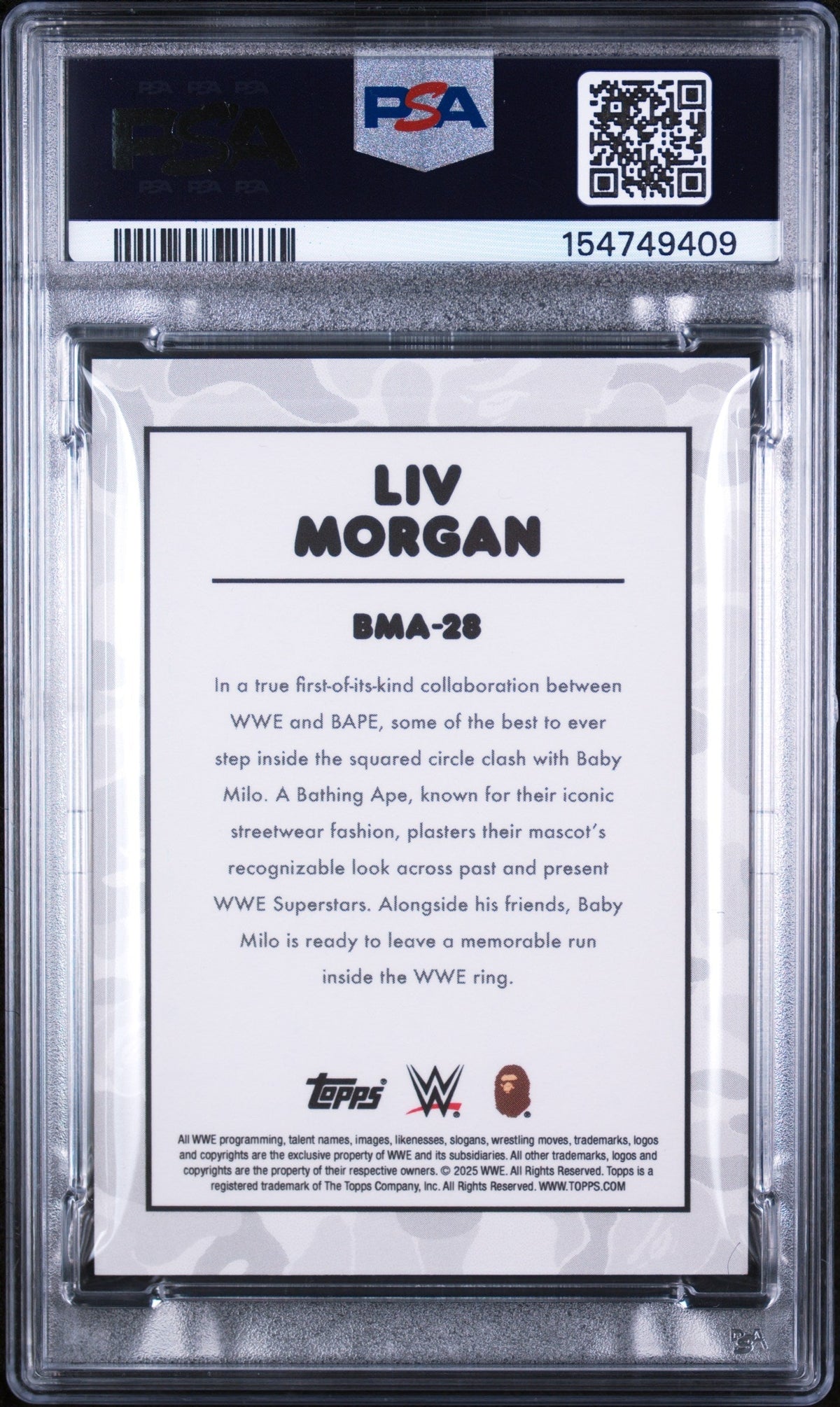 2025 Topps WWE X Bape Baby Milo Avatar Baby Milo Avtr-Blk Camo Fl Liv Morgan #BMA-28 10/10 PSA 10