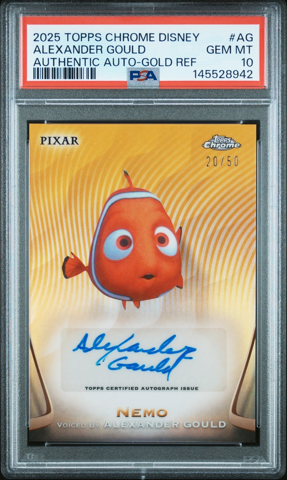 2025 Topps Chrome Disney Disney Chrome 2025 Authentic Autographs Gold Refractor Alexander Gould Nemo #AG /50 PSA 10