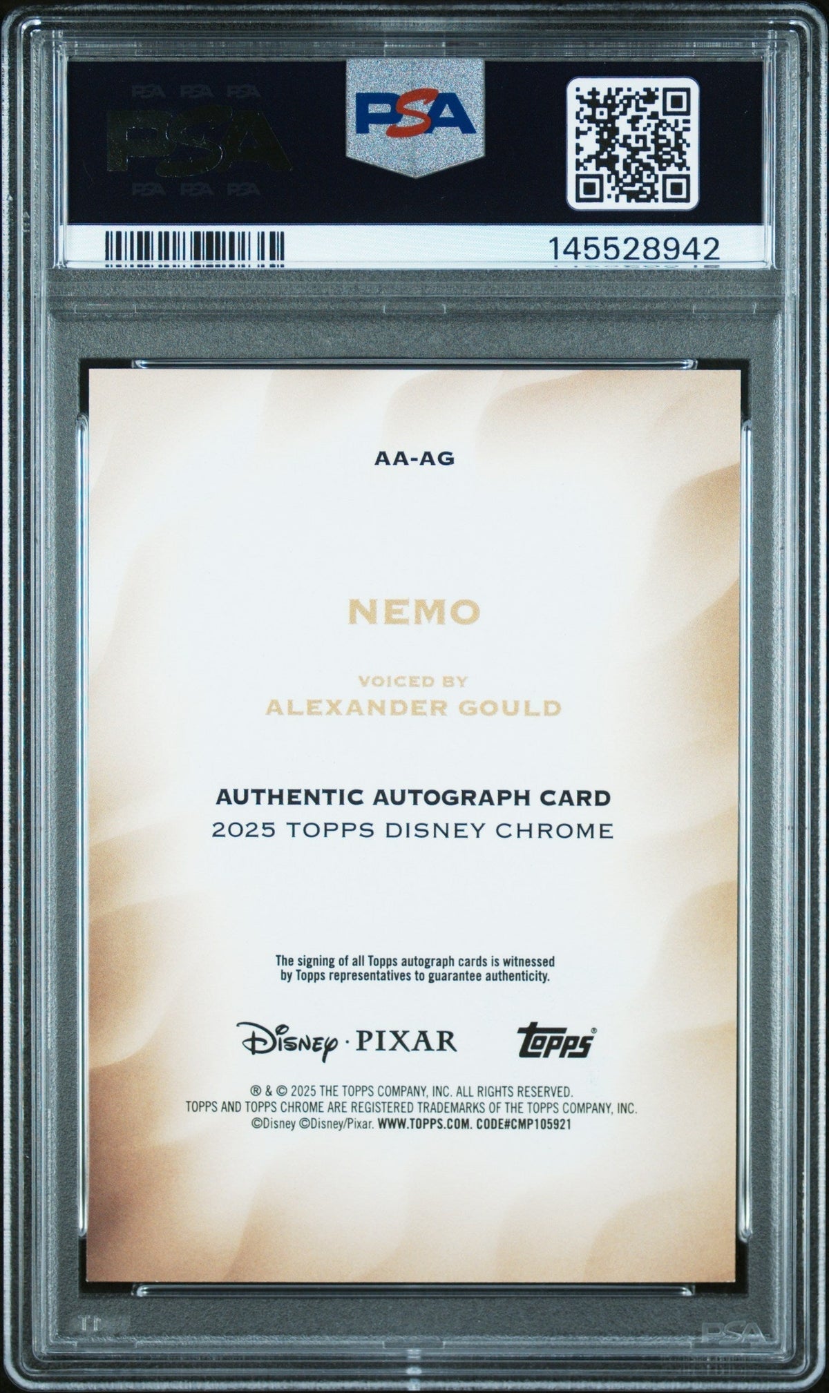 2025 Topps Chrome Disney Disney Chrome 2025 Authentic Autographs Gold Refractor Alexander Gould Nemo #AG /50 PSA 10
