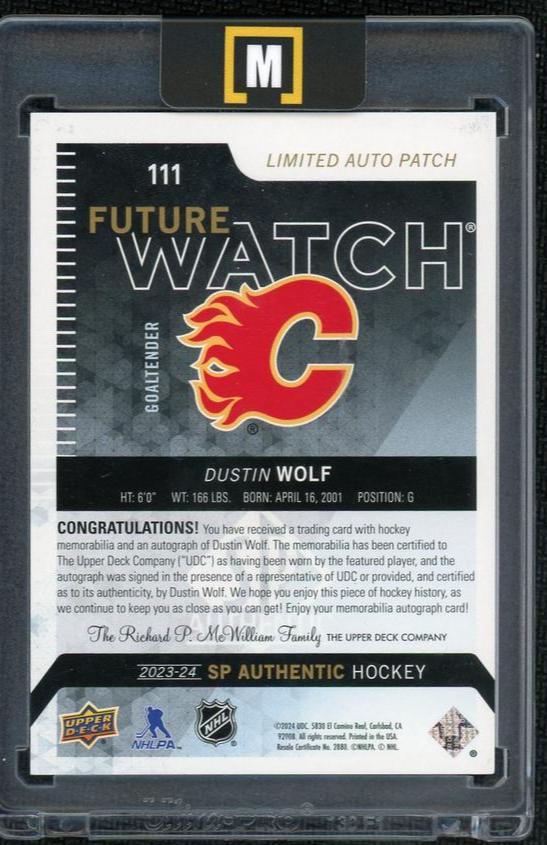 2022 Upper Deck SP Authentic 111 Dustin Wolf Future Watch Limited Auto Patch /100 Calgary Flames
