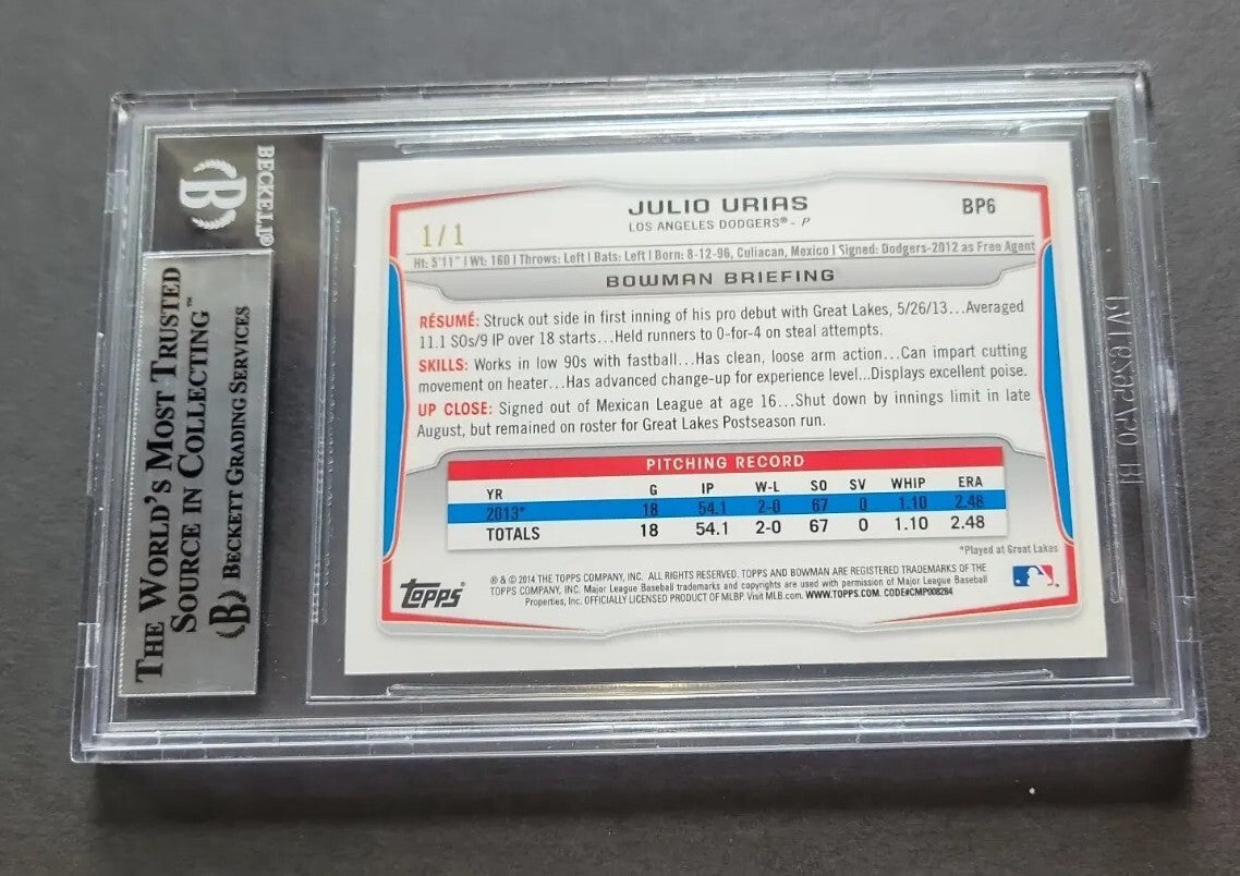 2014 Bowman Julio Urías #BP6 White Ice Rookie BGS 9