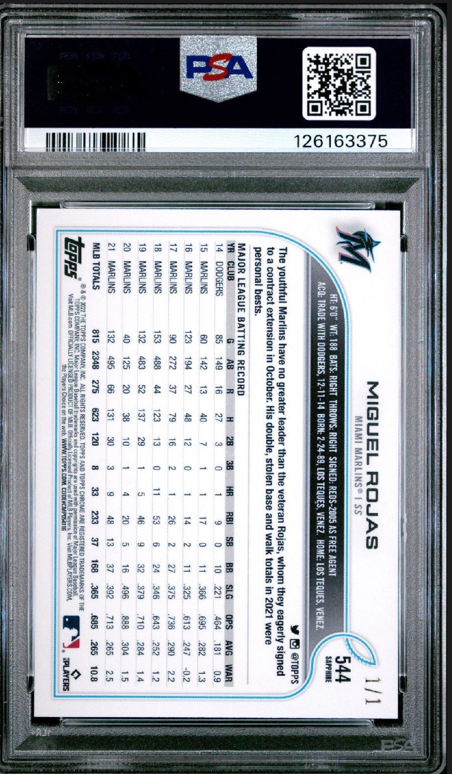 2022 Topps Chrome Sapphire Miguel Rojas #544 SuperFractor 1/1 PSA 10 Topps