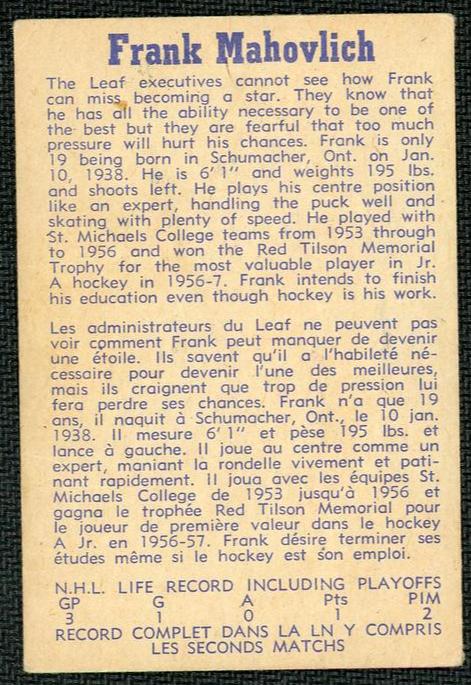 1960  17 Frank Mahovlich Rookie Toronto Maple Leafs