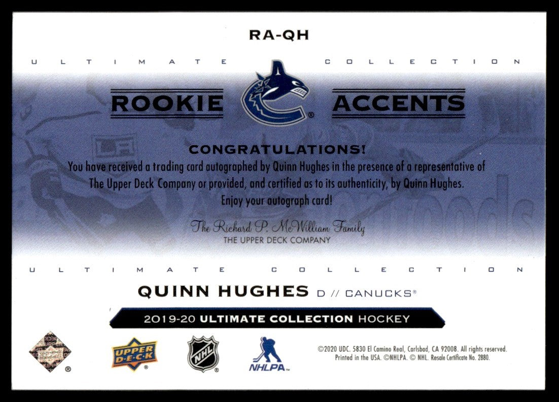 2019 Upper Deck Ultimate Collection RA-QH Quinn Hughes Rookie Accents Rookie 177 Canucks Auto
