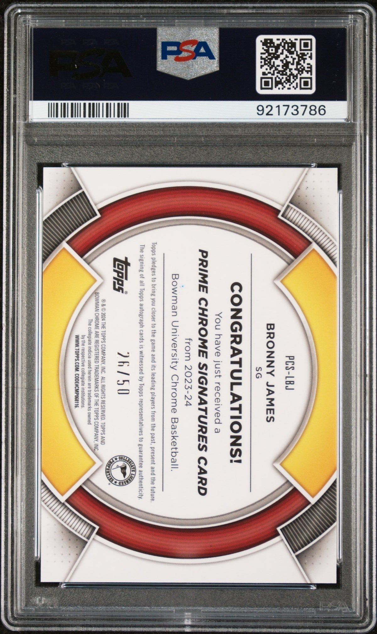 2023 Bowman University Chrome Prime Signatures Bronny James Jr. #PCSLBJ /150 PSA 10