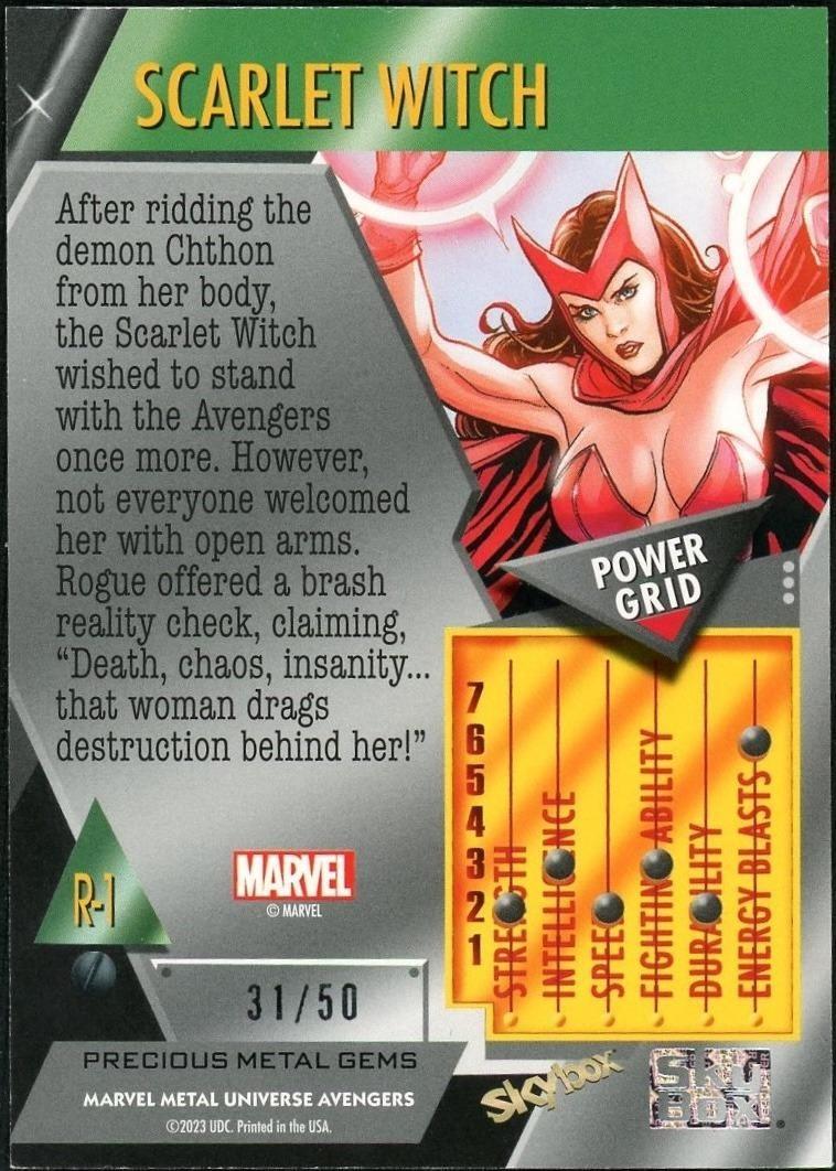 2023 Skybox Metal Universe Marvel  R-1 Scarlet Witch Precious Metal Gems Blue /50