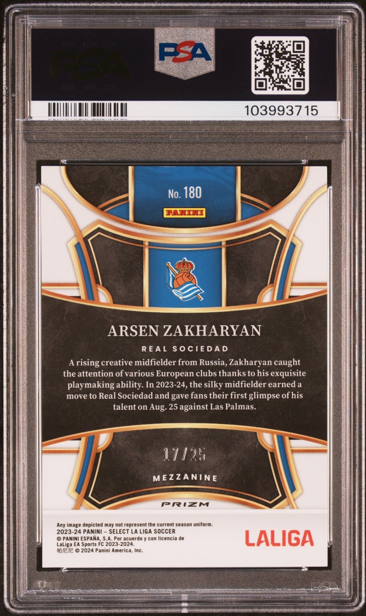 2023 Panini Select La Liga Zebra Arsen Zakharyan #180 /25 PSA 10