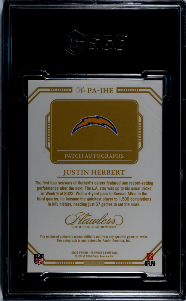 2023 Panini Flawless Justin Herbert #PA-JHE Patch Autos. Silver SGC 9.5 Auto 10
